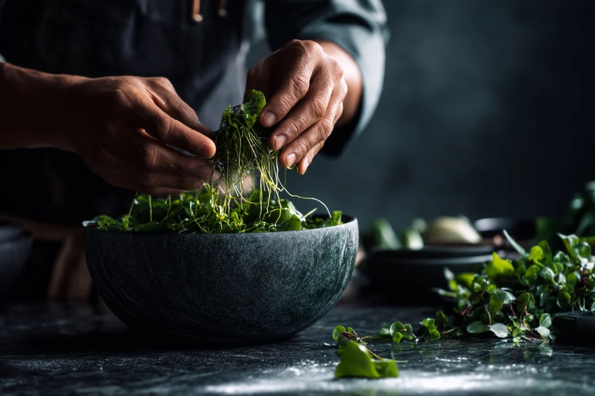 Fresh Microgreens Being Prepared in Stone Bowl