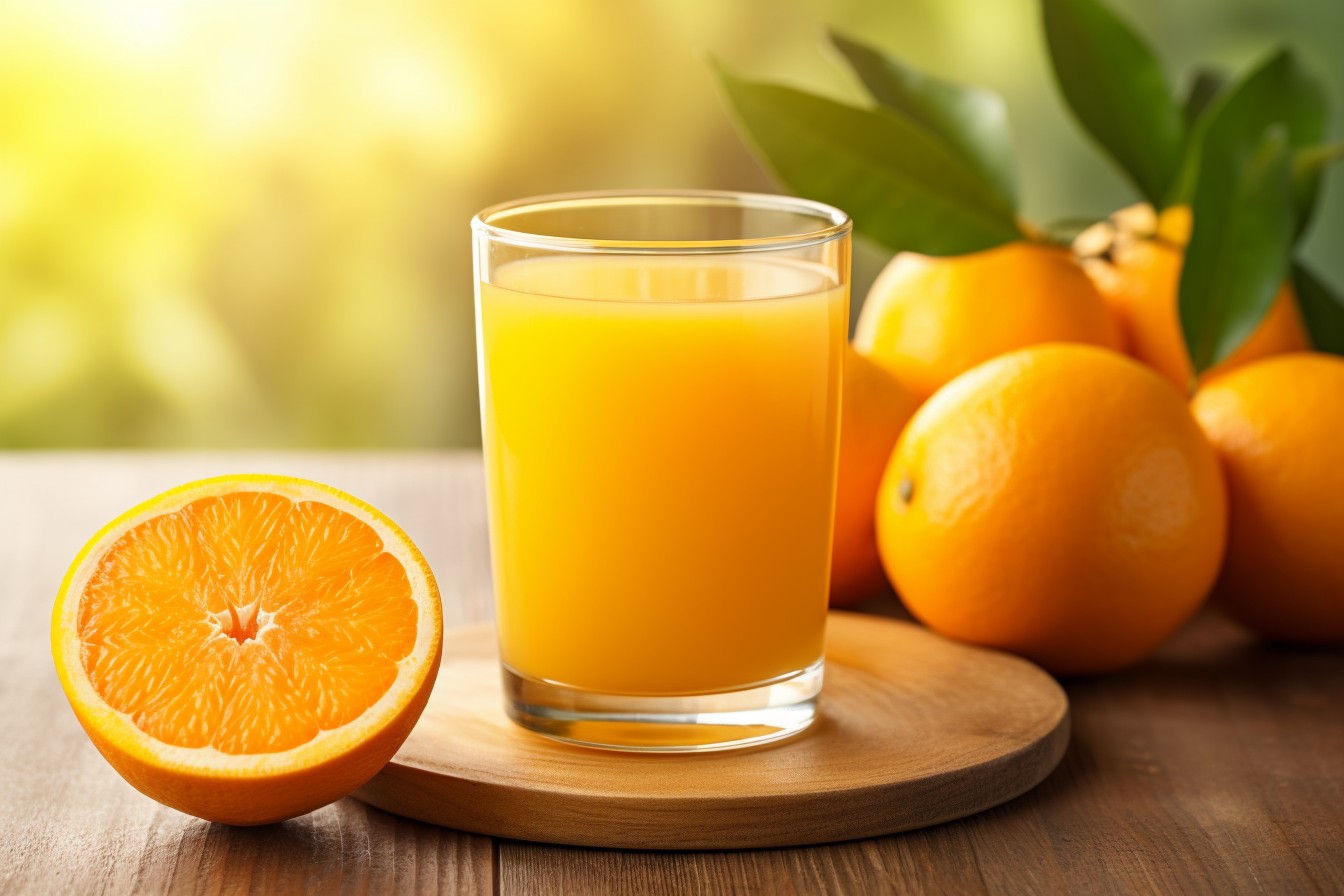 Suco de Laranja Fresco com Laranjas Inteiras em Exibição