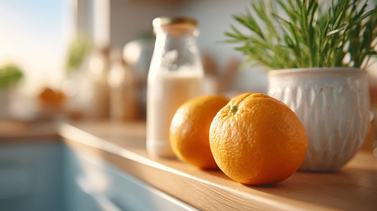 Fresh Oranges with Milk on Wooden Kitchen Counter