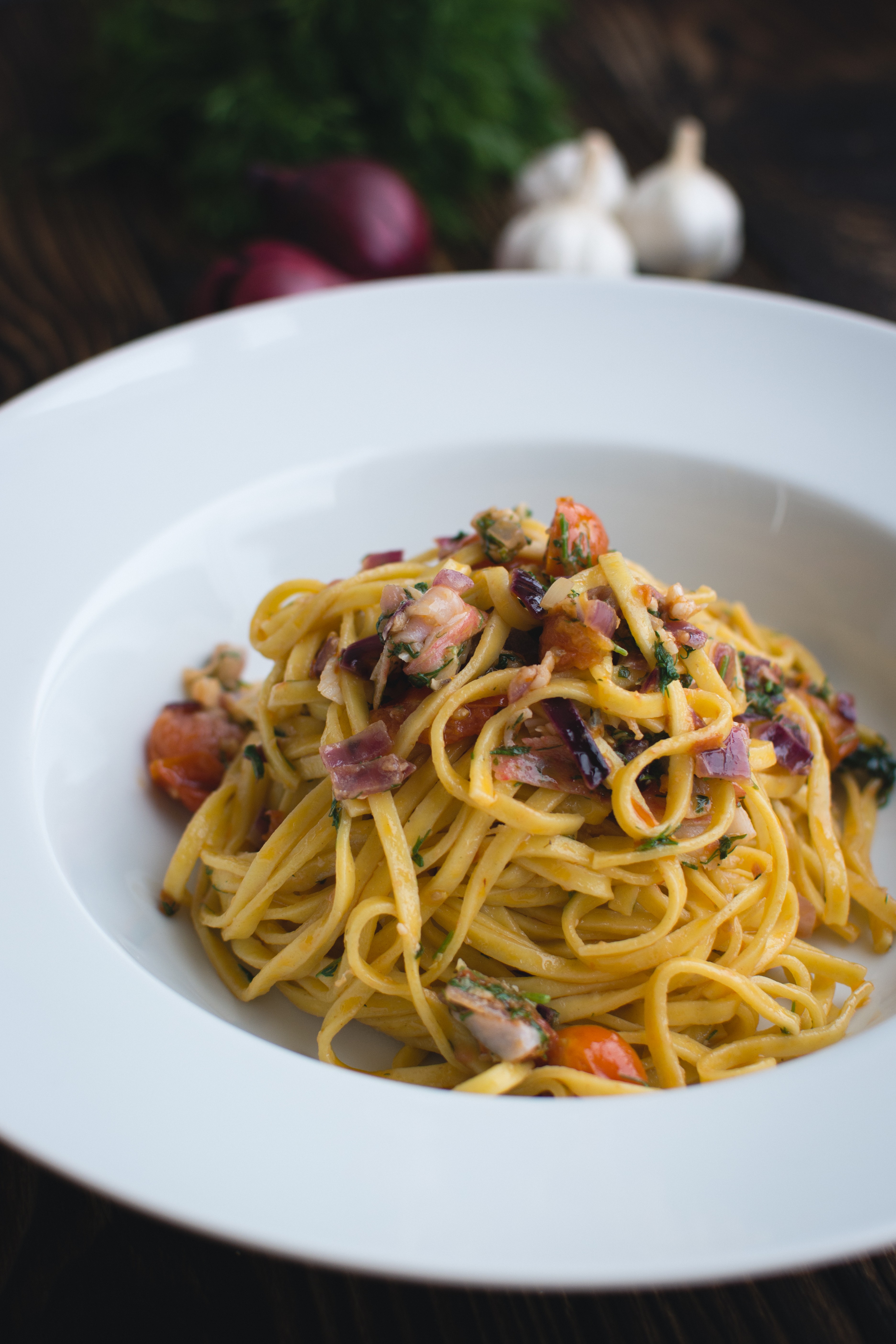 Fresh pasta linguine with dill and vegetables