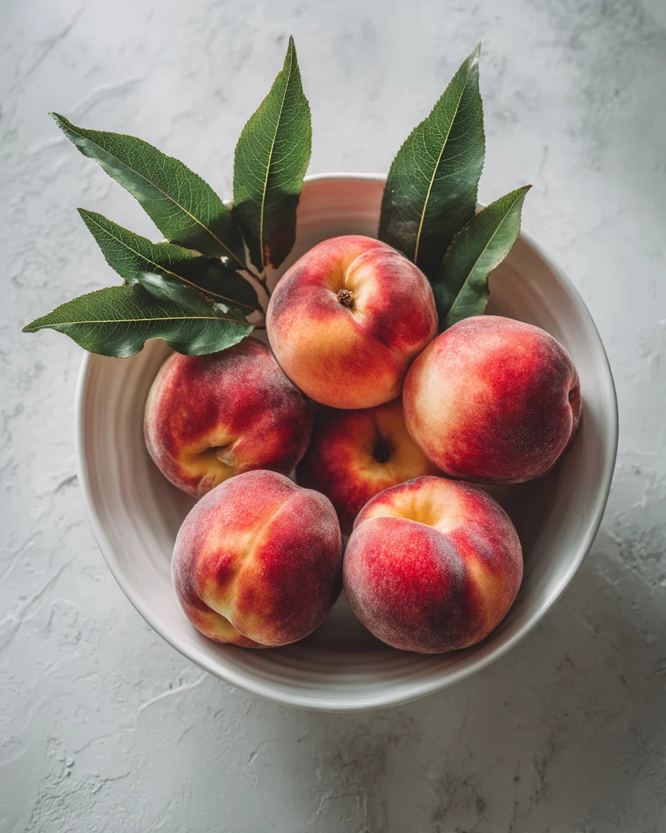 Fresh Peaches with Green Leaves in Bowl