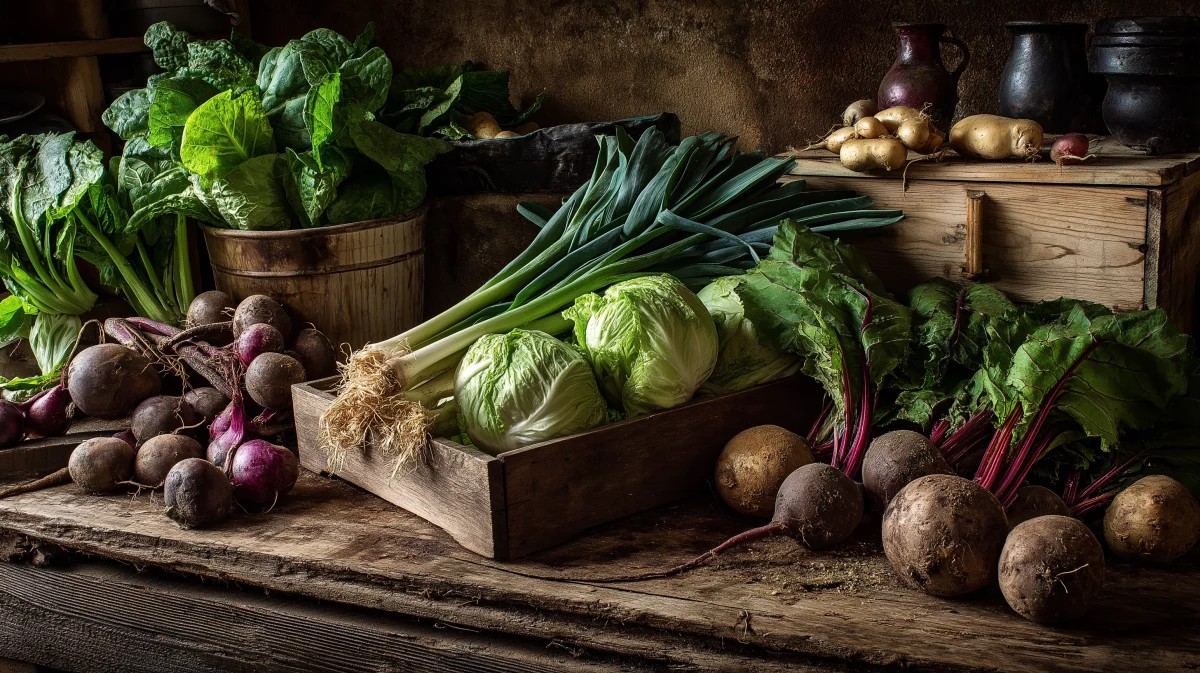 Fresh Root Vegetables and Greens on Wooden Table