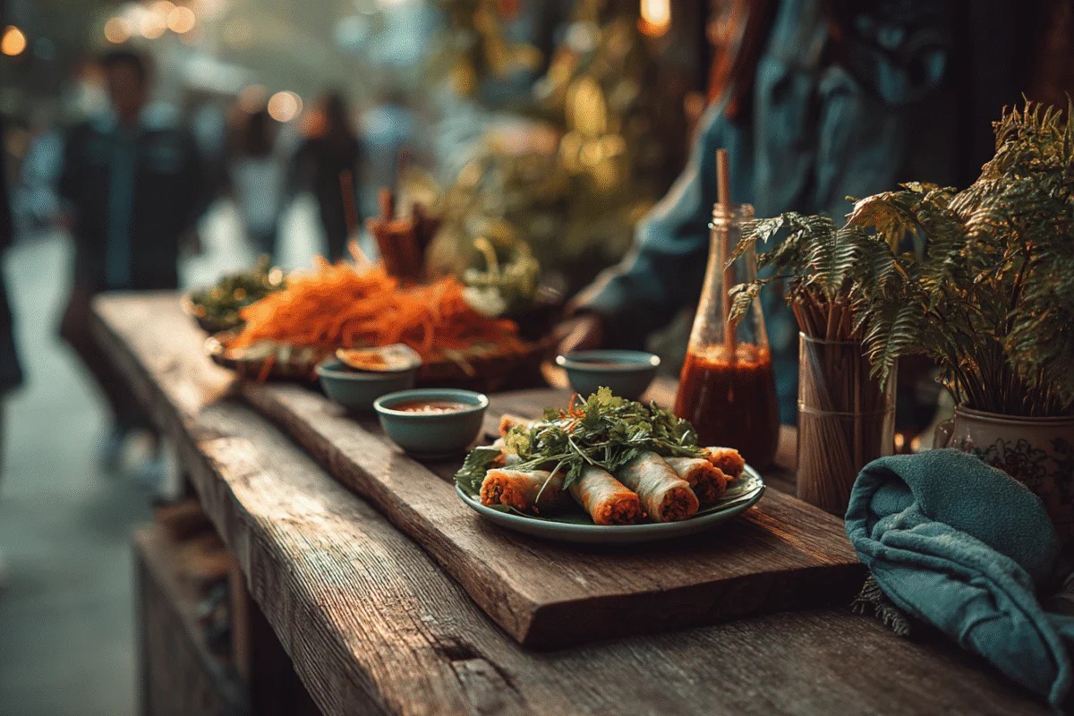 Fresh Spring Rolls with Dipping Sauces on Wooden Table