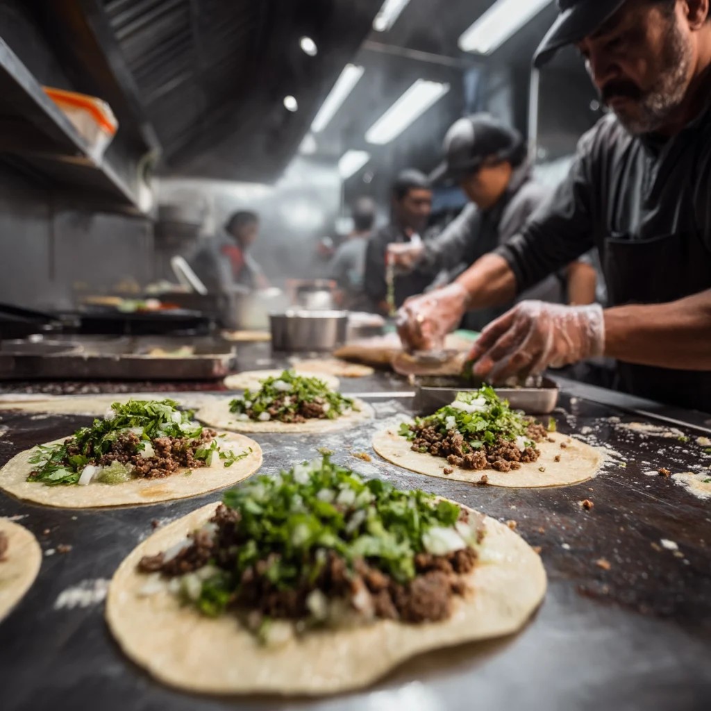 Fresh Tacos Being Assembled in Busy Kitchen