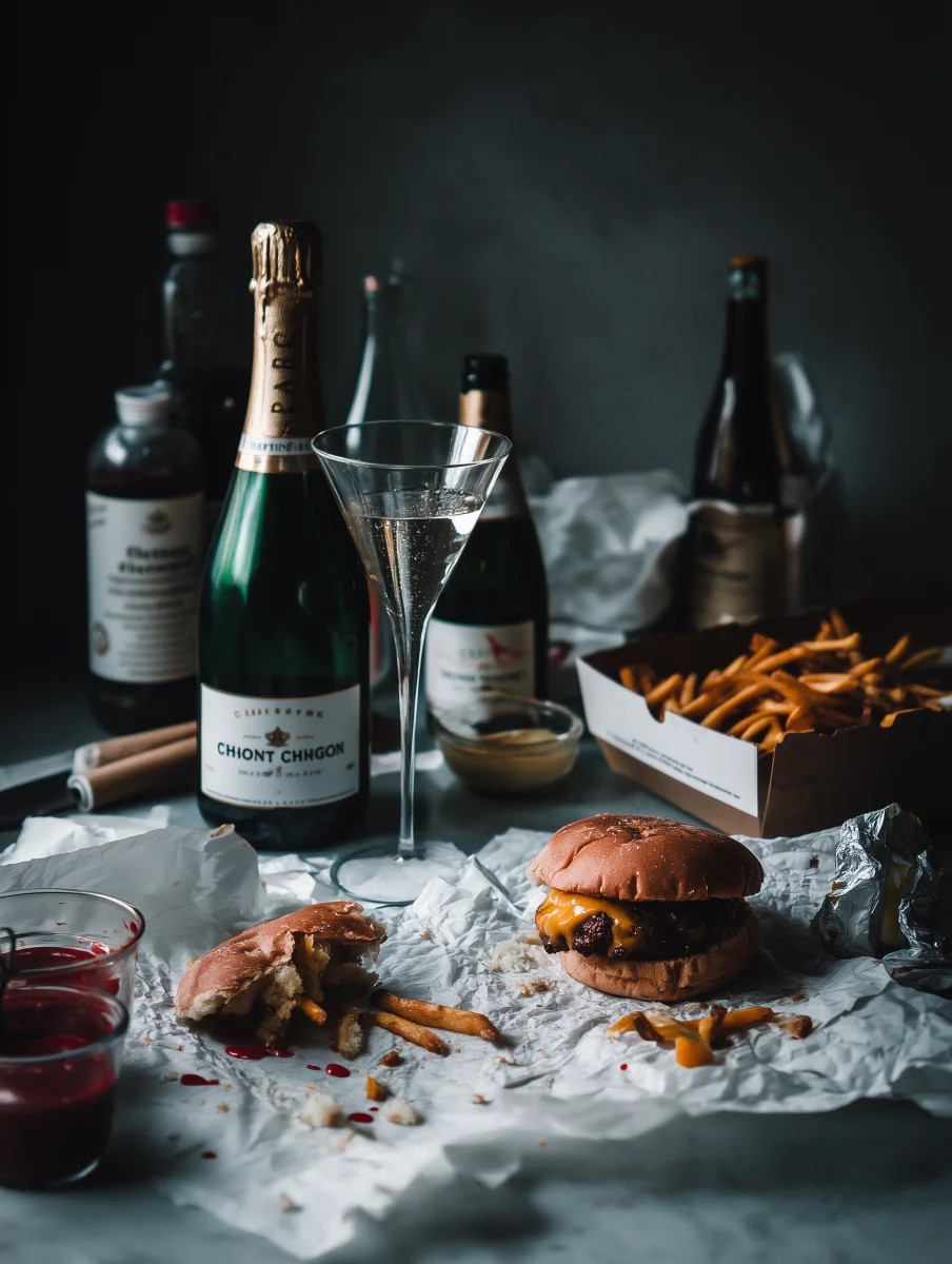 Gourmet Burger with Fries and Sparkling Wine