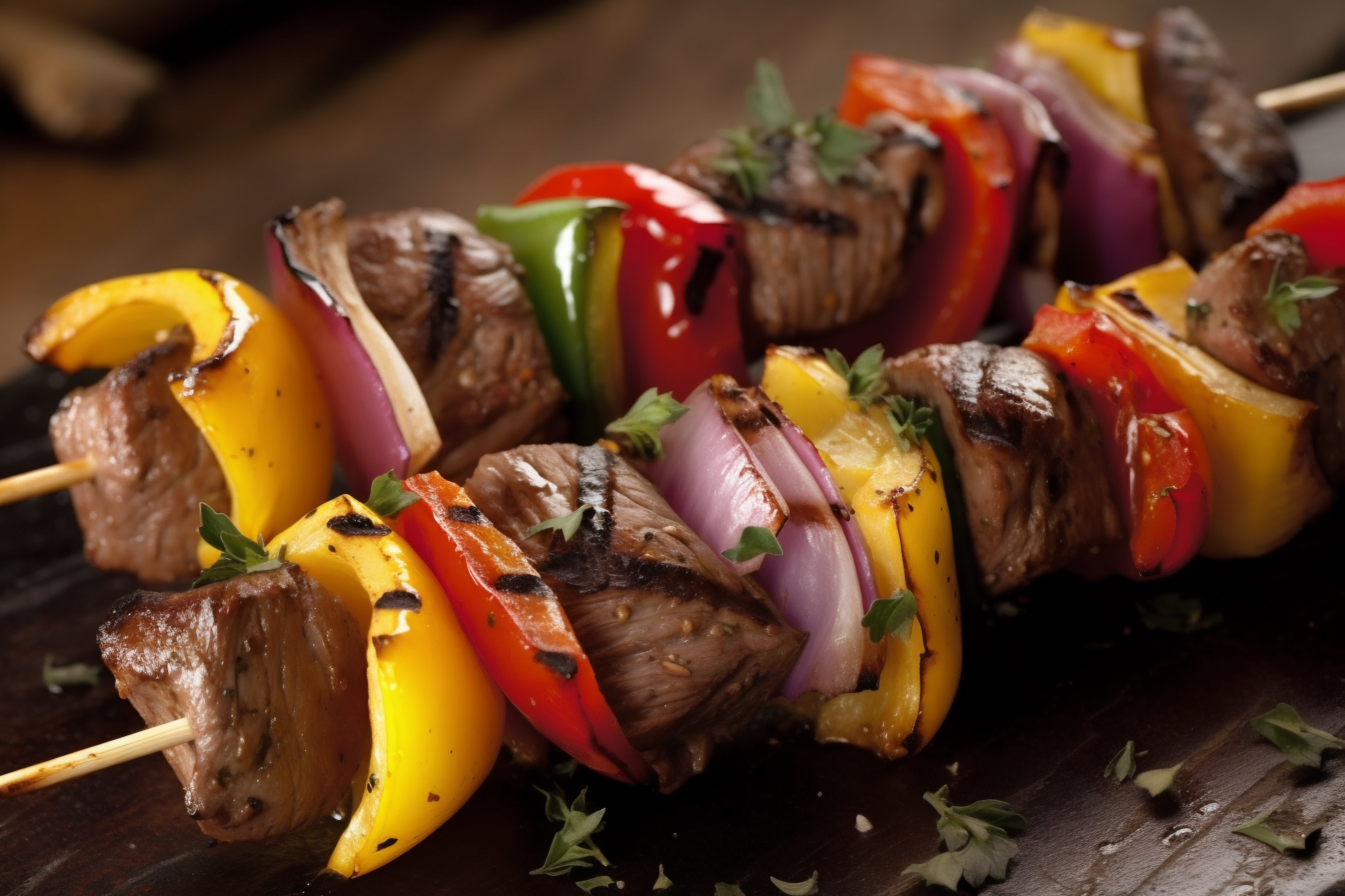 Carne grelhada com legumes no espeto