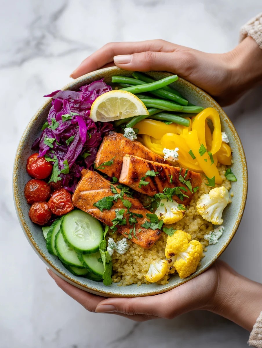 Grilled Salmon Bowl with Quinoa and Colorful Veggies