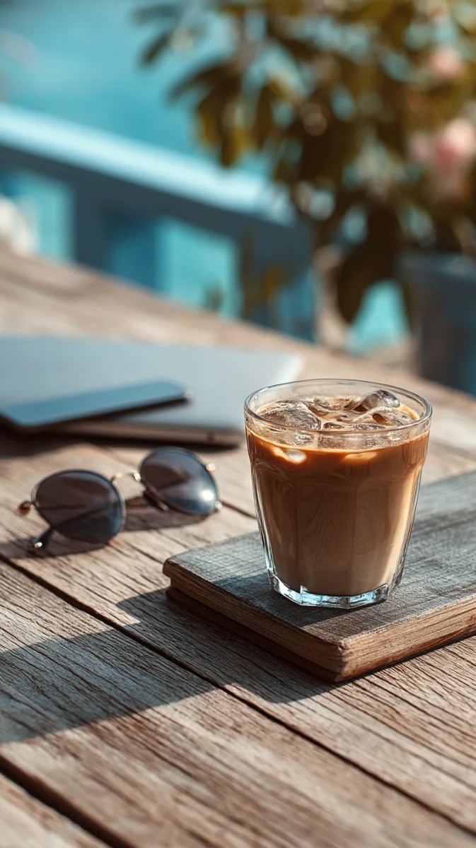 Café Helado sobre Mesa de Madera con Gafas de Sol