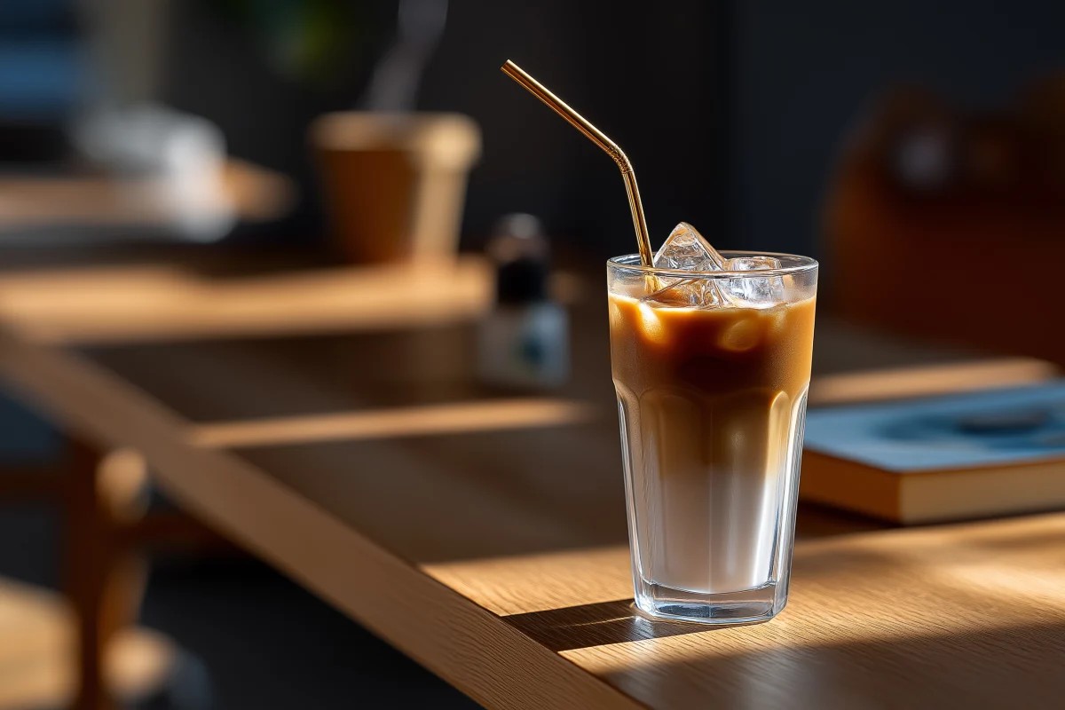 Iced Latte with Golden Straw in Cozy Cafe