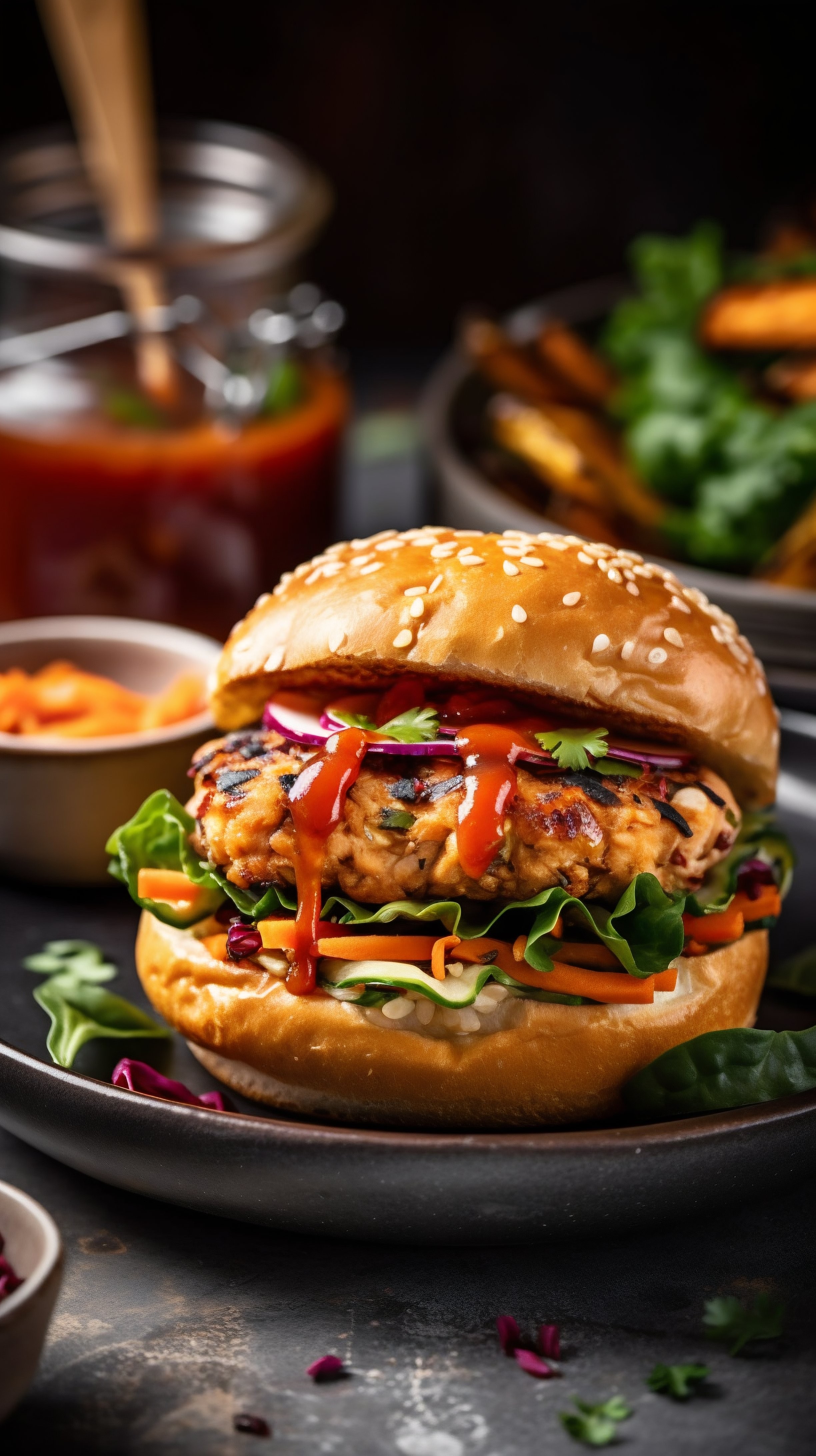 Hamburguesa vegana jugosa con salsa agridulce