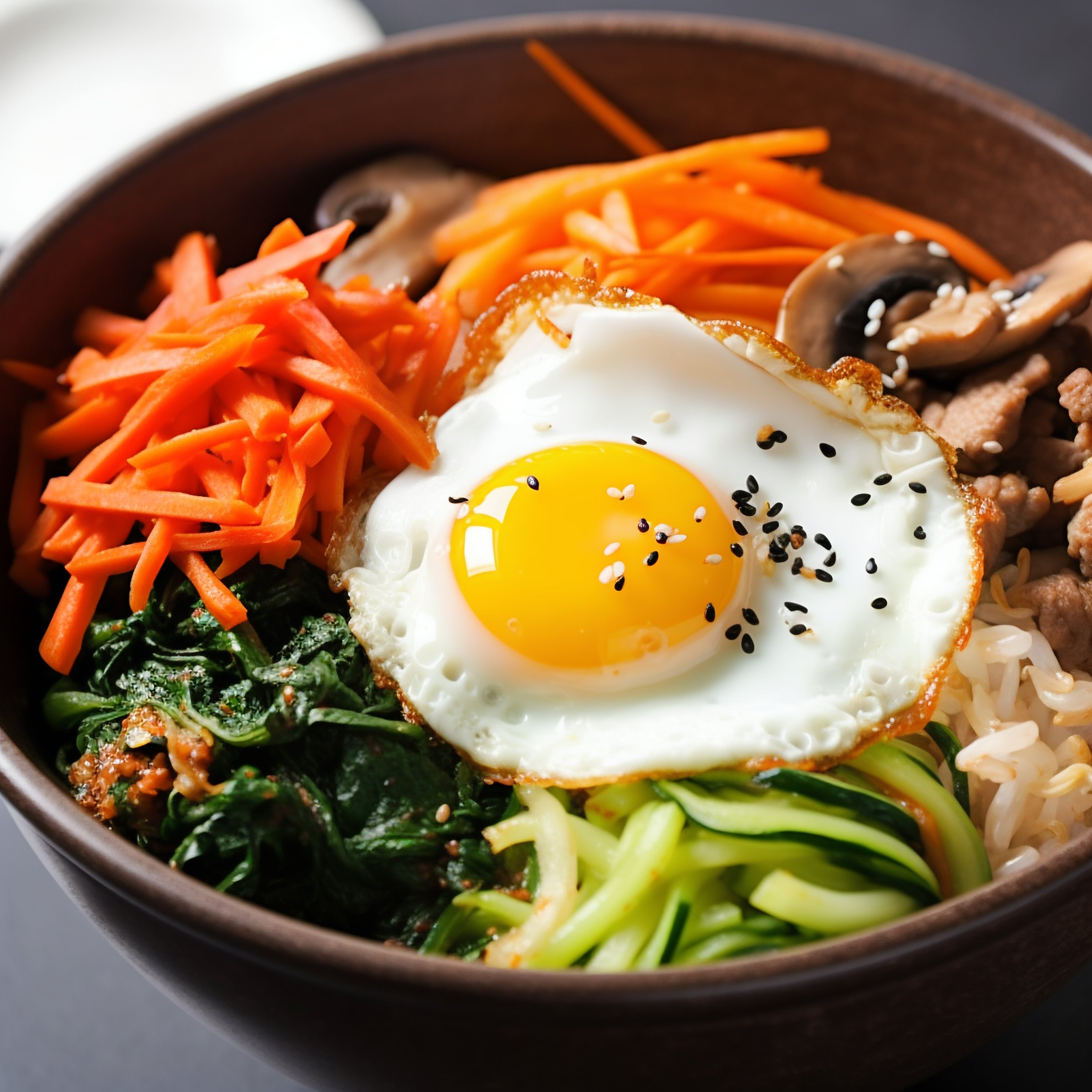 Korean bibimbap with egg sunny side up close up