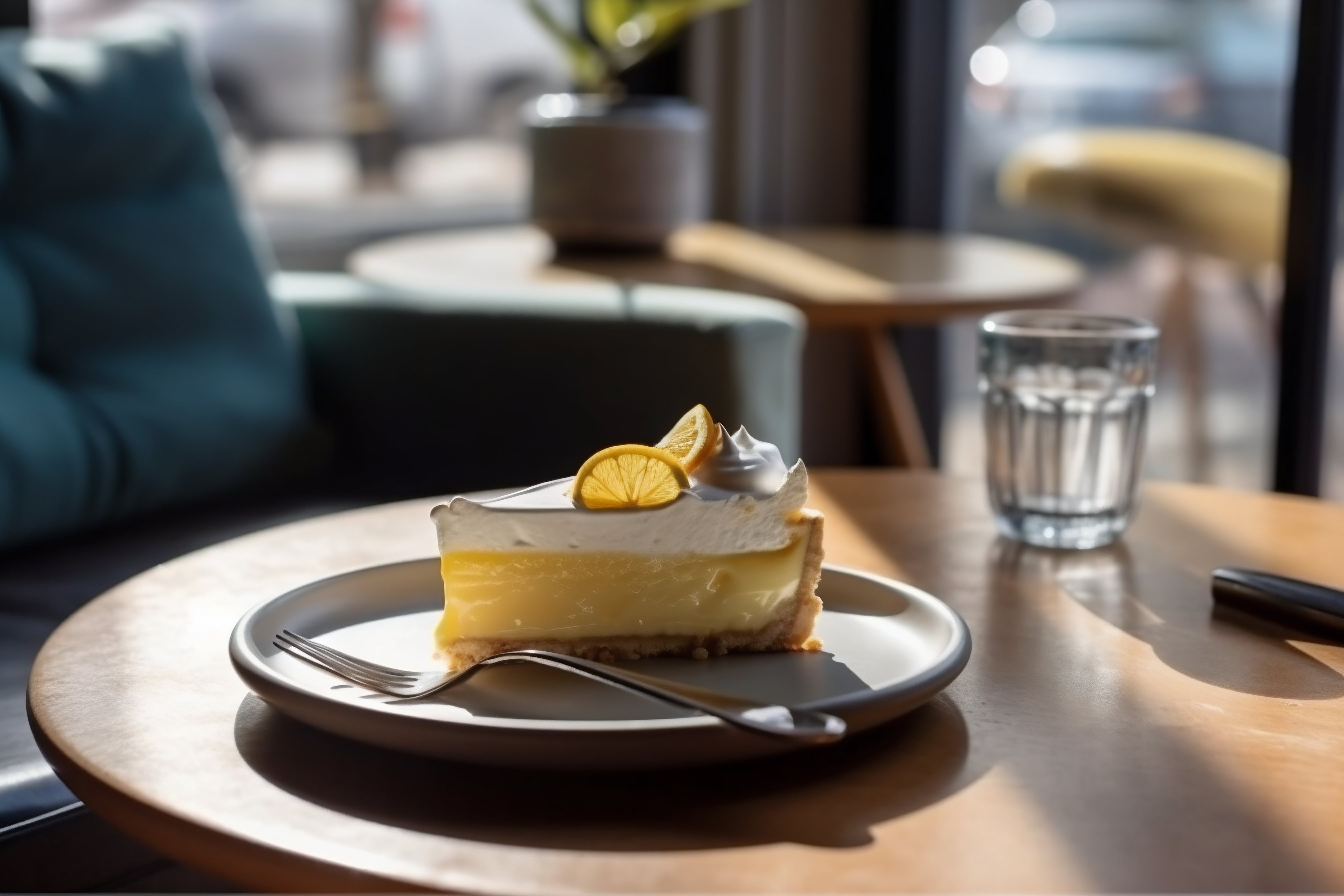 Lemon pie on a white plate in a cozy café