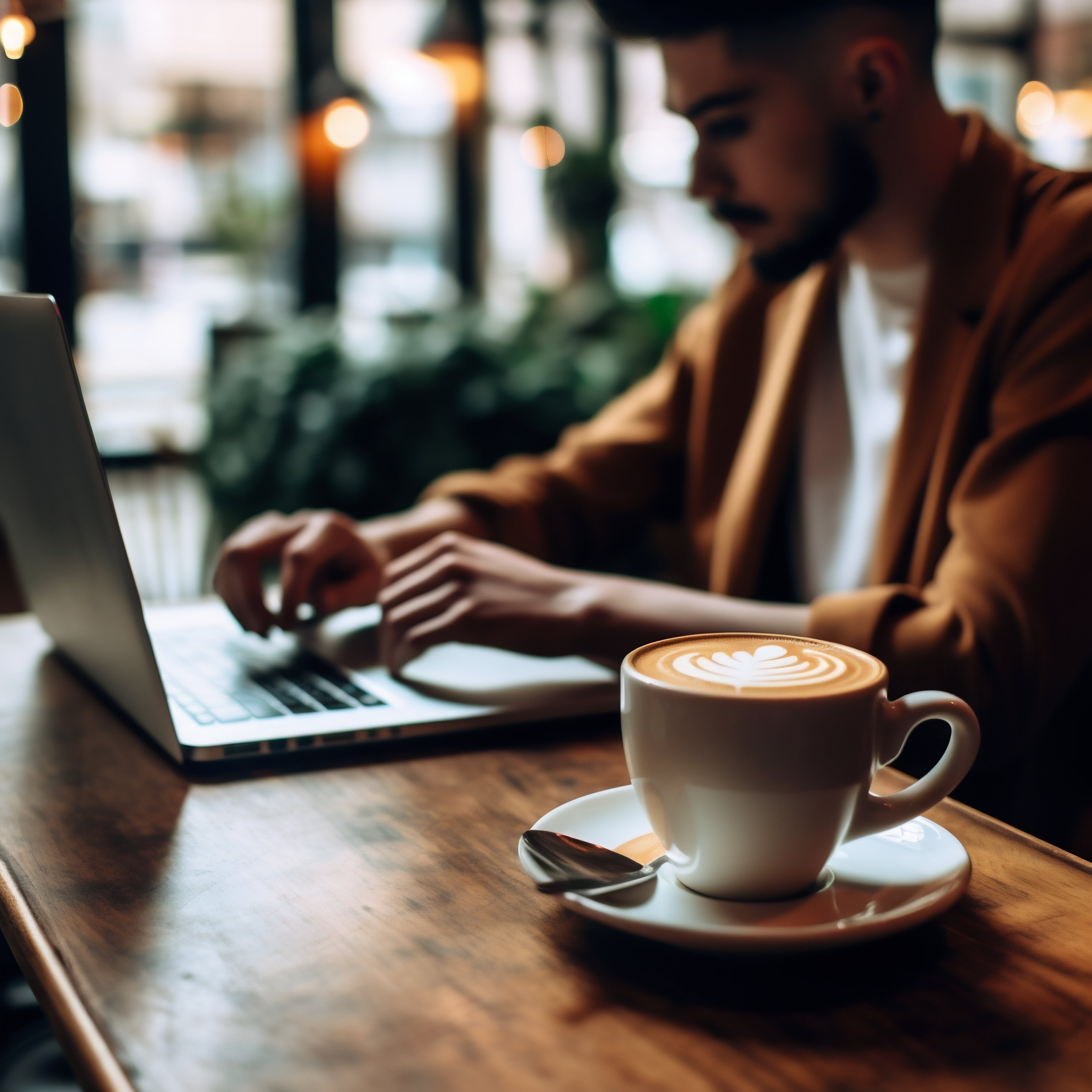 Homem trabalhando em um laptop com café