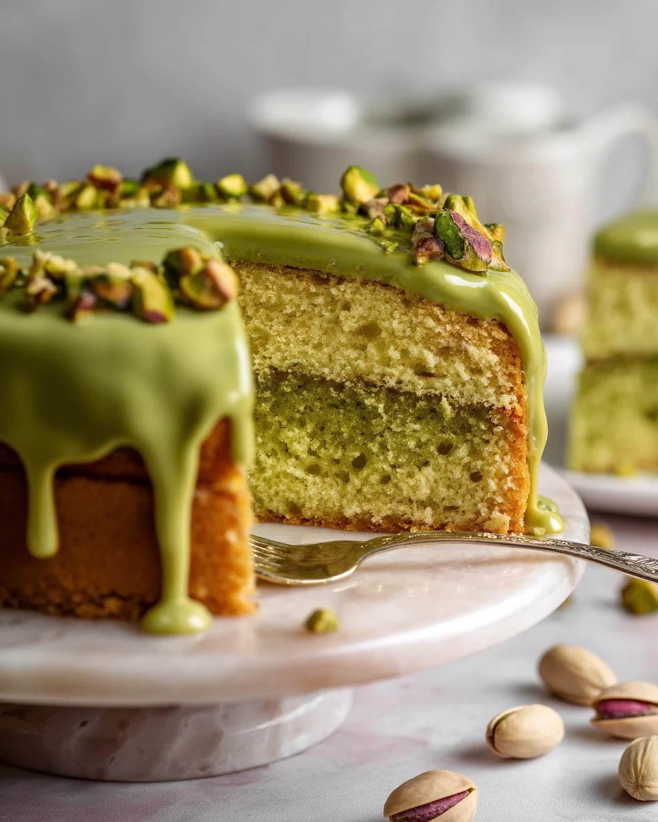 Matcha Pistachio Cake with Dripping Glaze