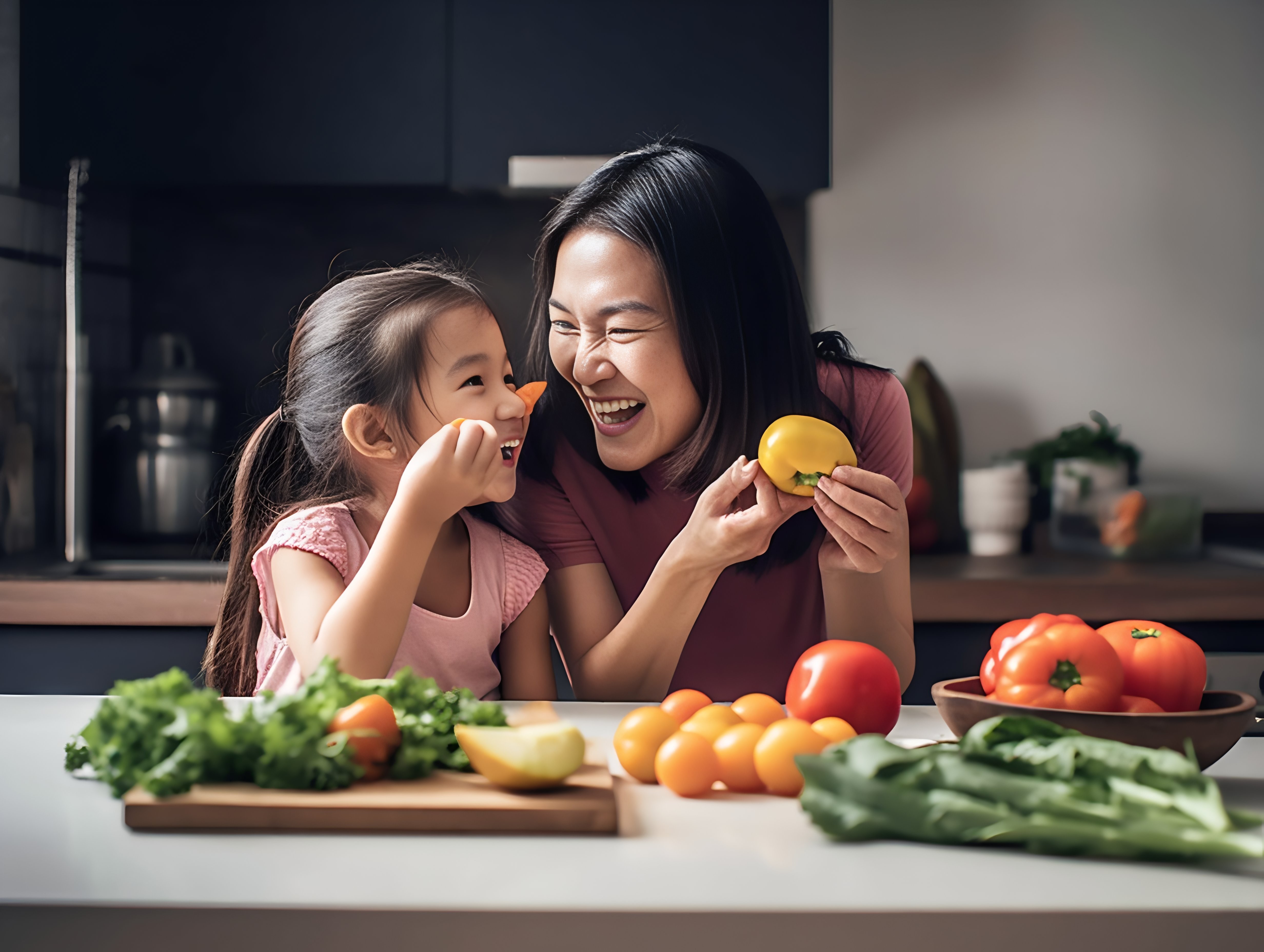 Mãe se divertindo com a filha na cozinha