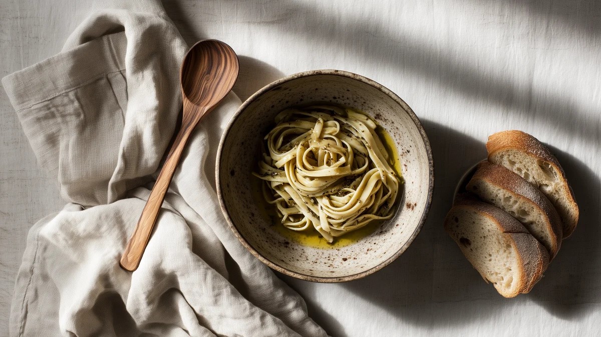 Linguine ao Molho de Azeite com Fatias de Pão Rústico