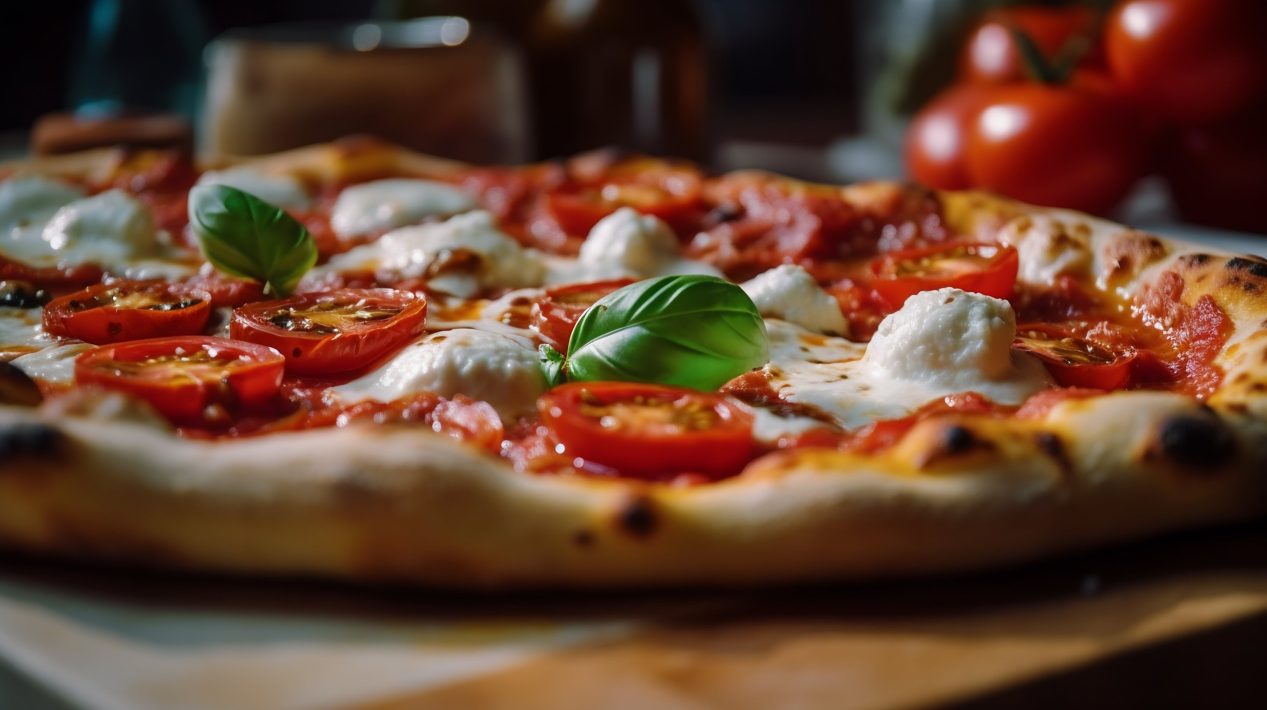 Detalhe de folhas de manjericão na pizza
