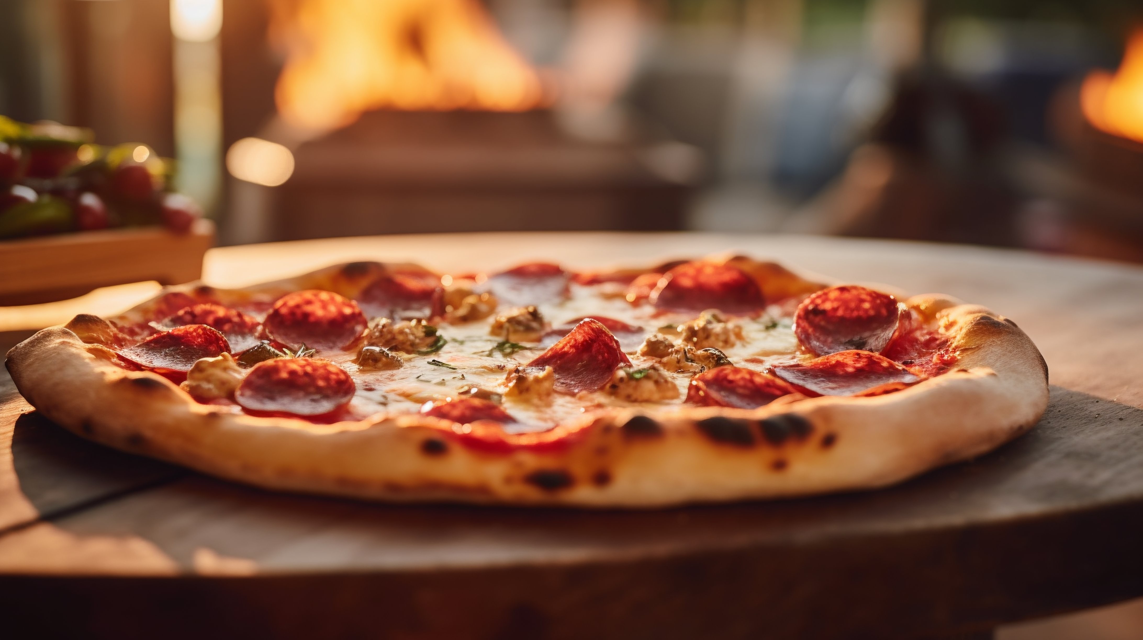Pizza de salame em uma mesa de madeira
