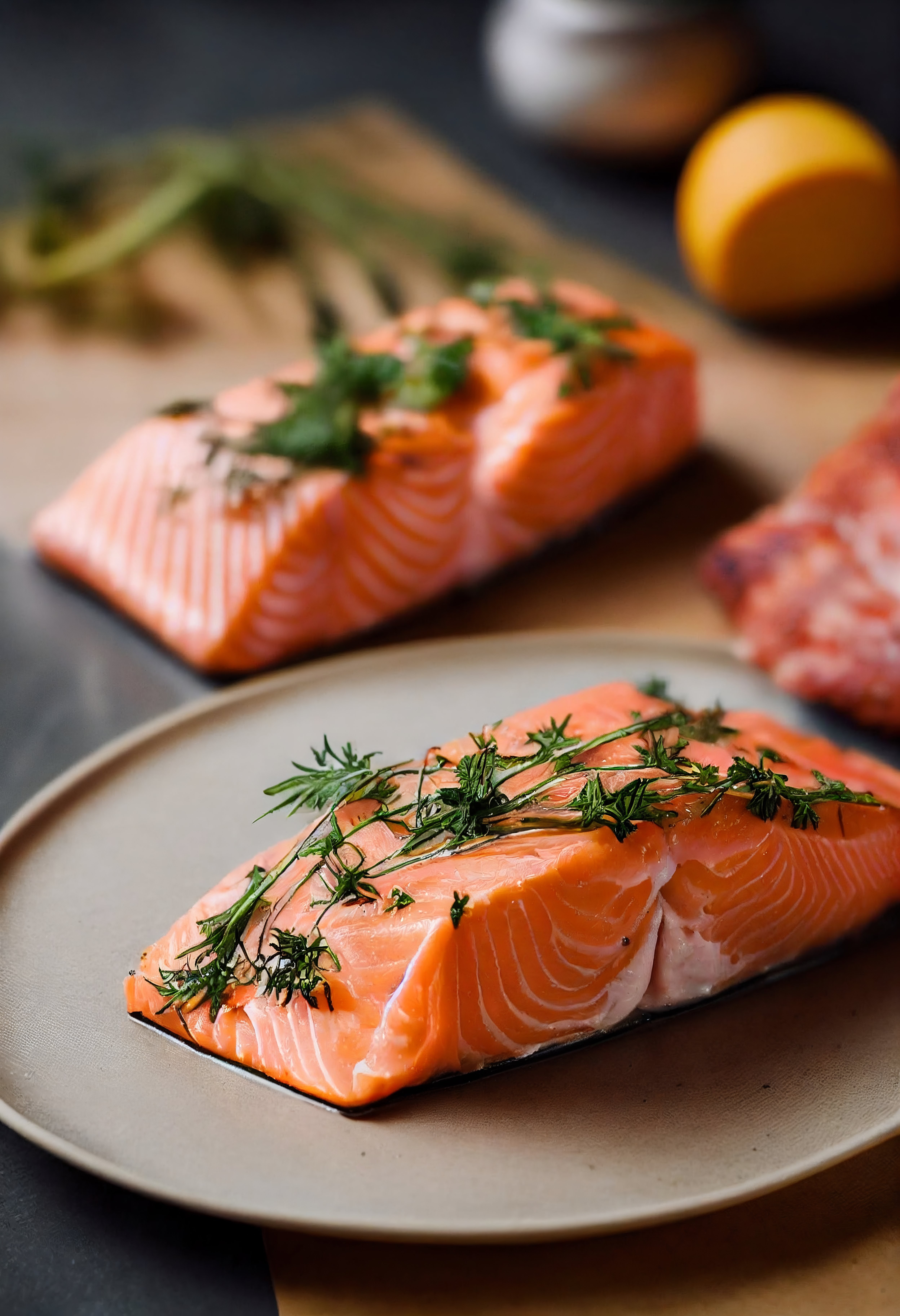 Raw salmon fillet with dill