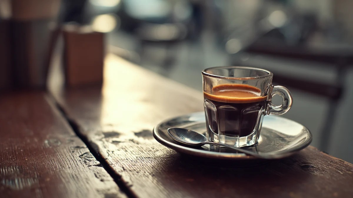 Rich Espresso in Glass on Wooden Table
