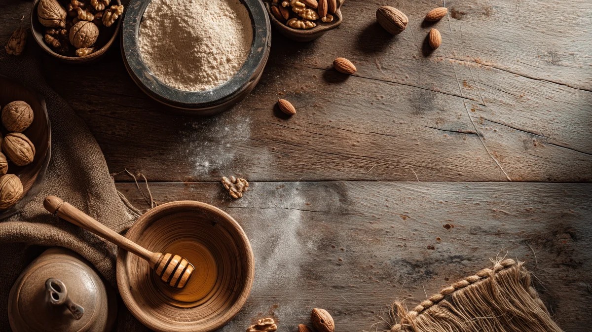 Rustic Nuts and Honey on Wooden Table
