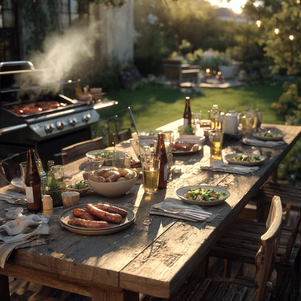Rustic Summer Barbecue Feast on Wooden Table