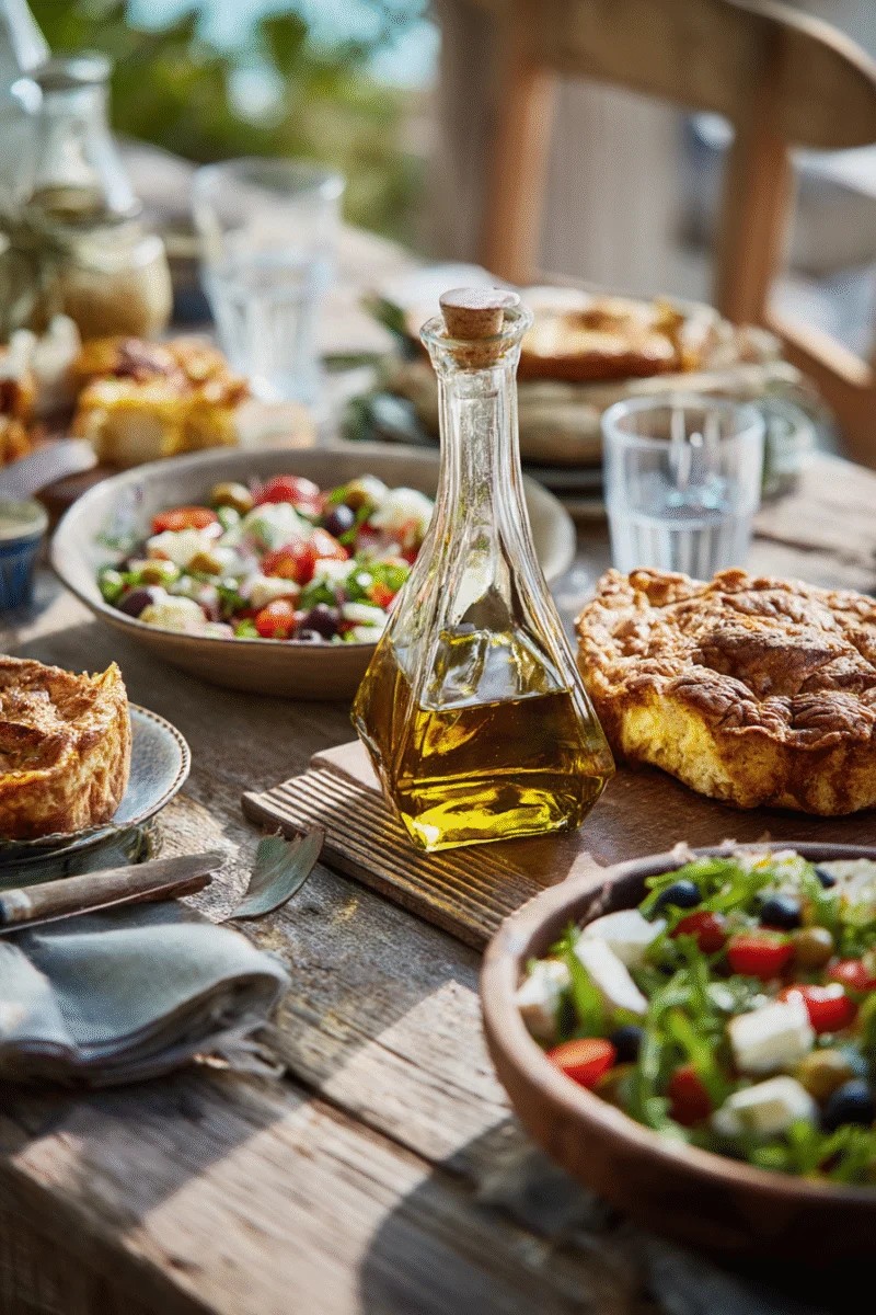 Configuración de Mesa Rústica con Ensalada Fresca y Aceite de Oliva