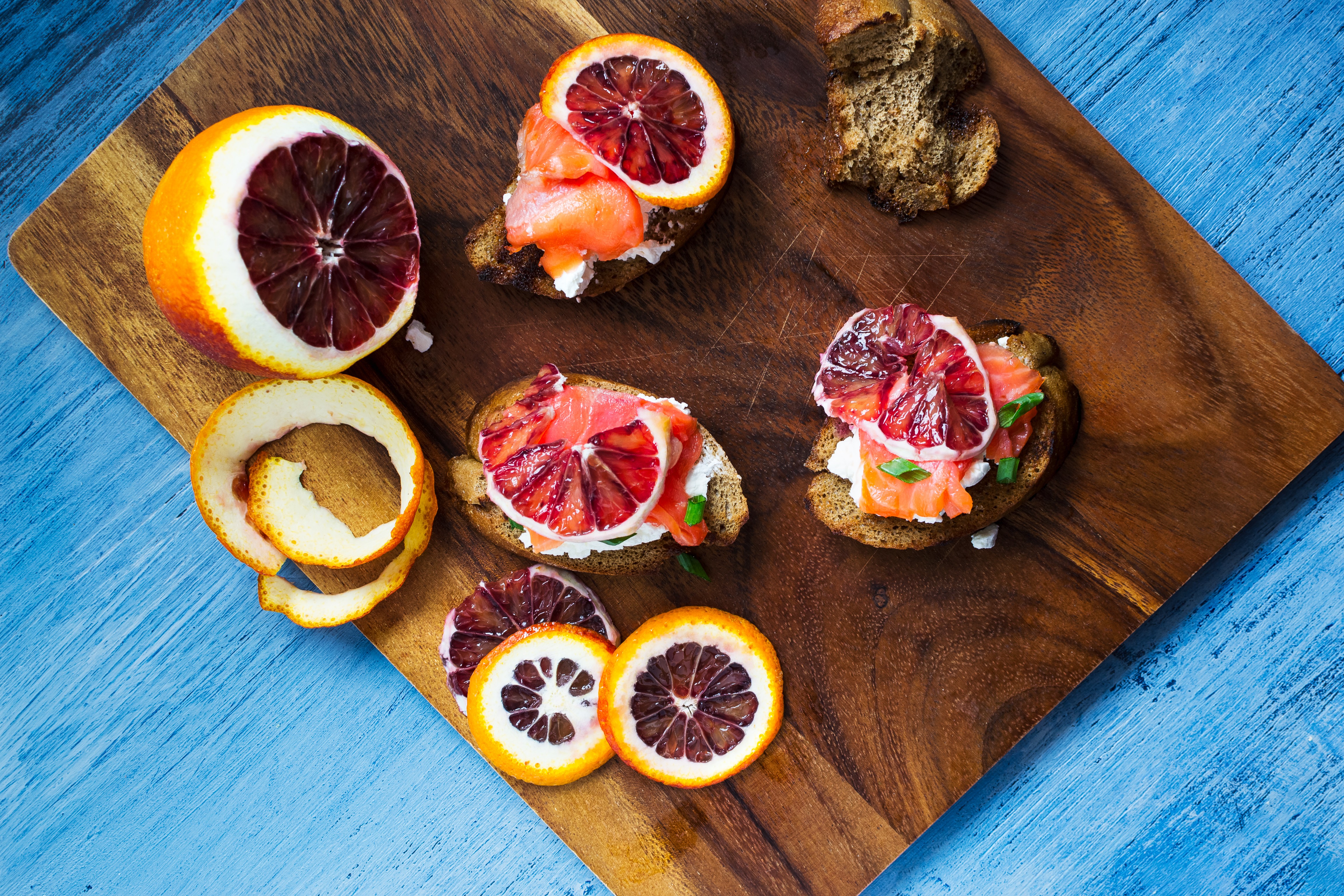 Salmon and blood orange bruschettas