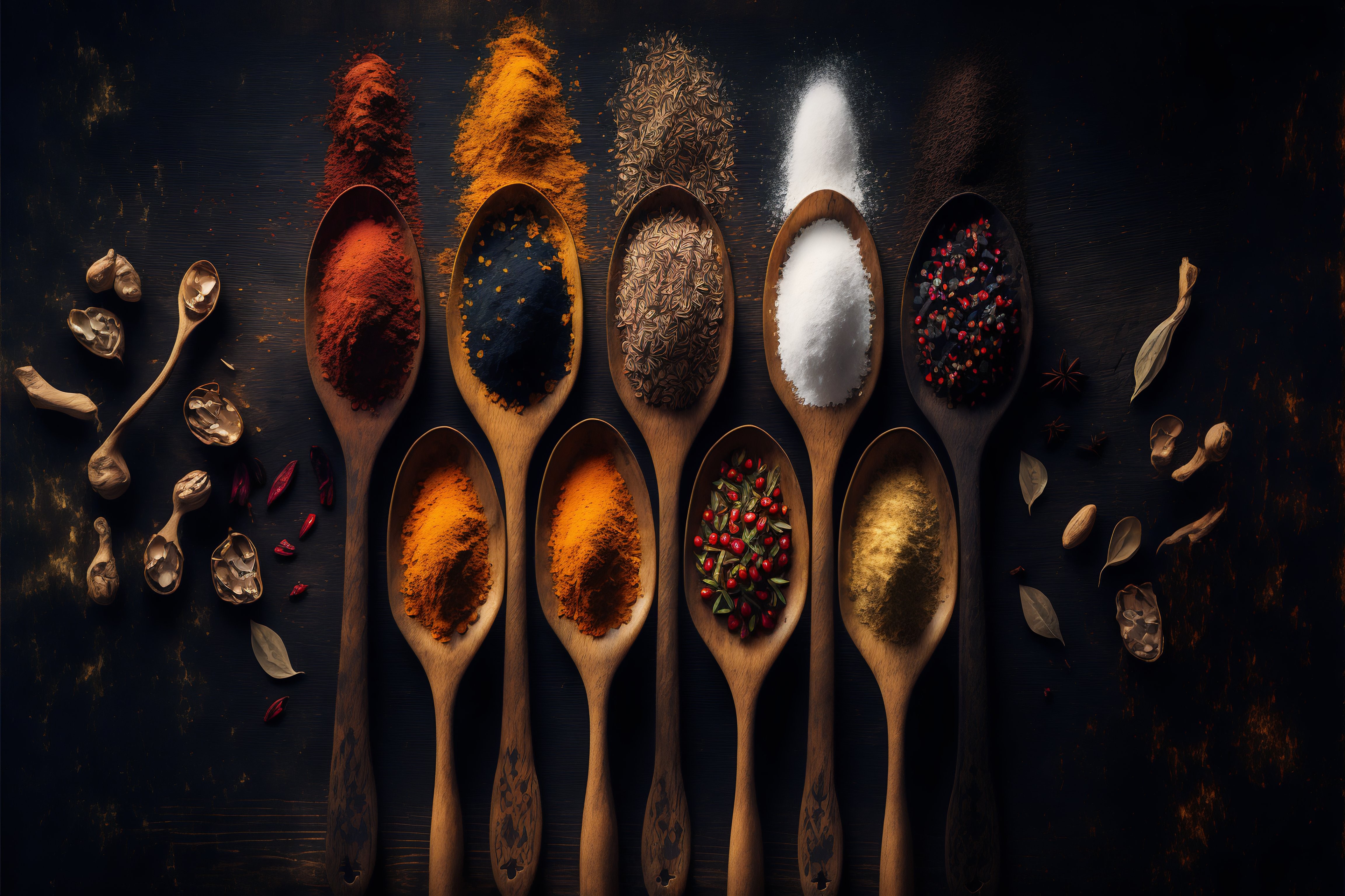 Spices on wooden spoons