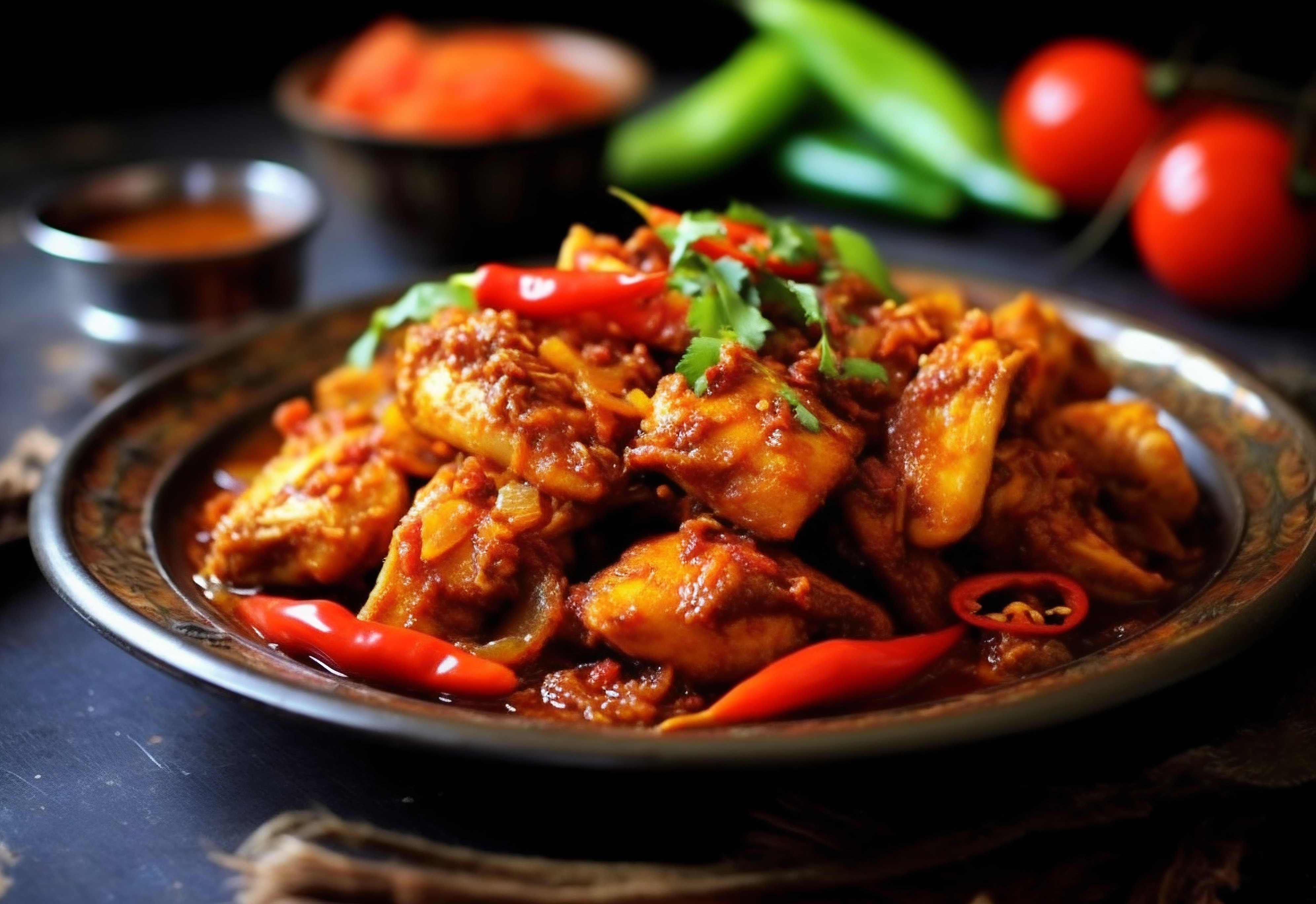 신선한 재료로 만든 매운 치킨 요리