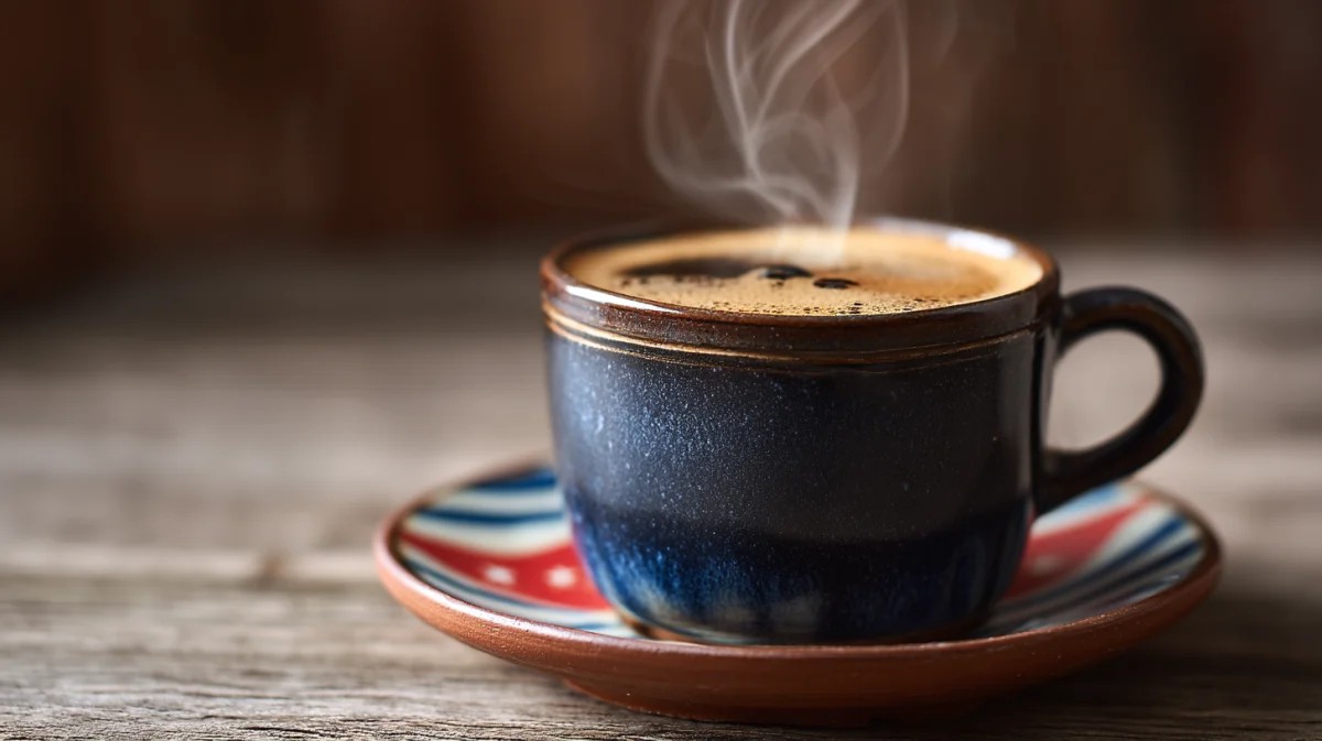 Café Humeante en Taza Rústica sobre Mesa de Madera