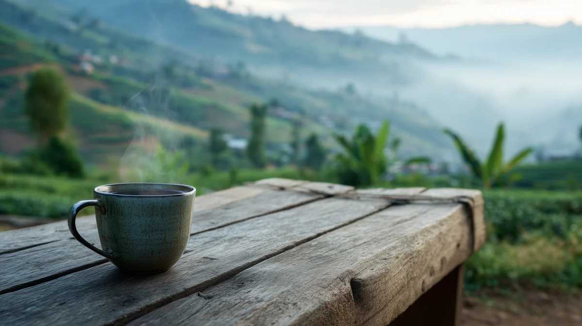 Steaming Coffee Mug Overlooking Lush Landscape