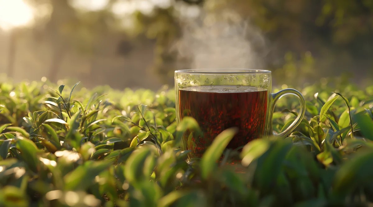 Steaming Cup of Tea Amid Lush Green Leaves