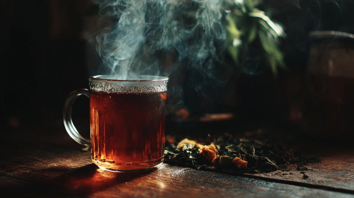 蒸汽腾腾的草本茶玻璃杯