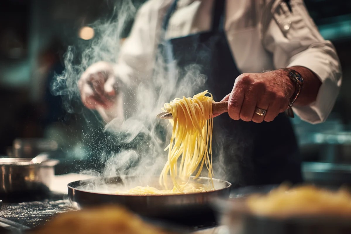 シェフの手によって捻られた蒸気の立つパスタ