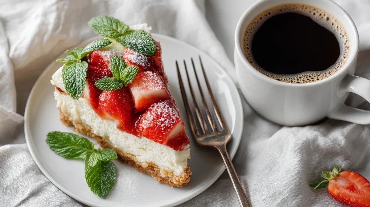 Strawberry Cheesecake Slice with Mint Garnish