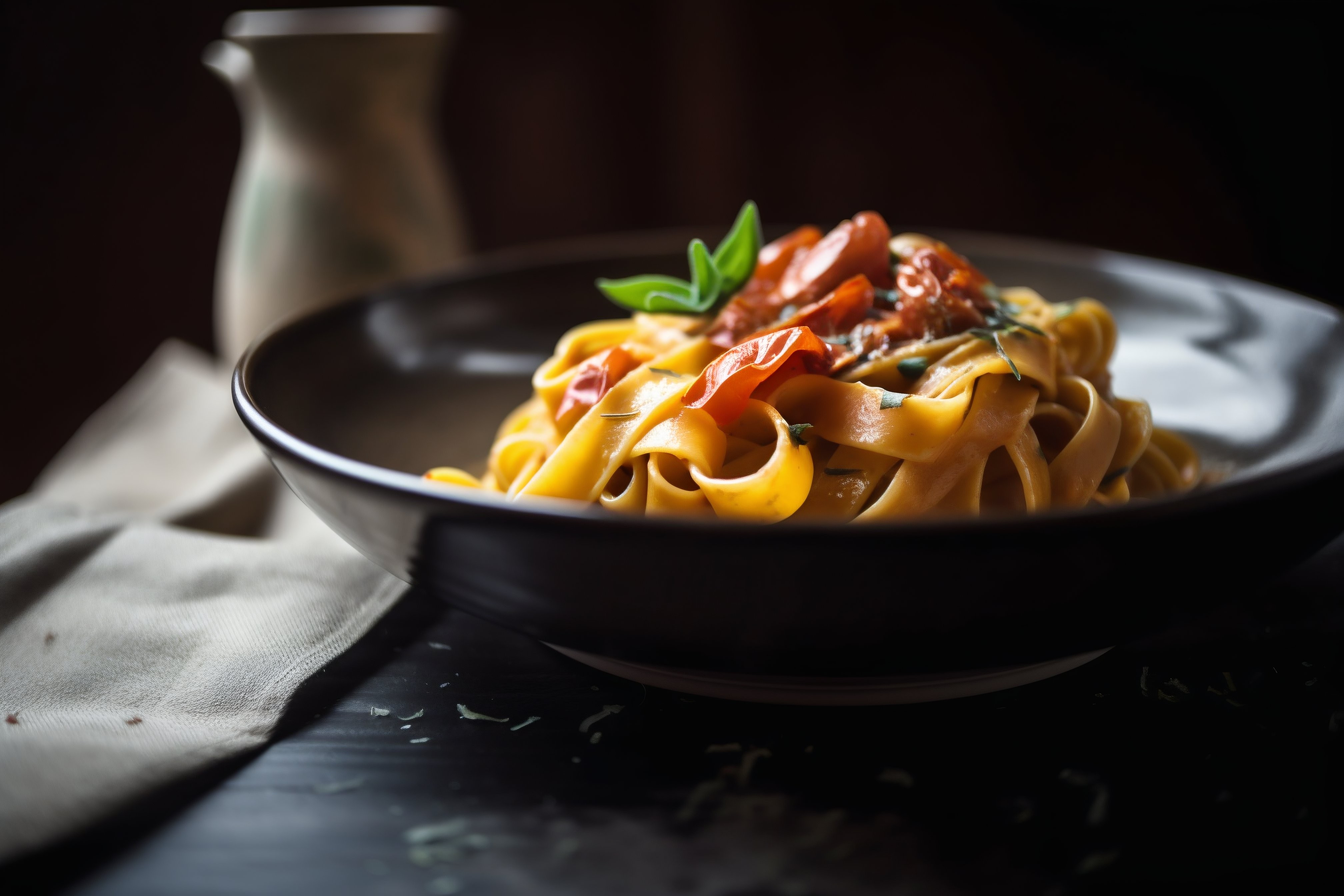 Tagliatelle com tomates-cereja em foto de estúdio