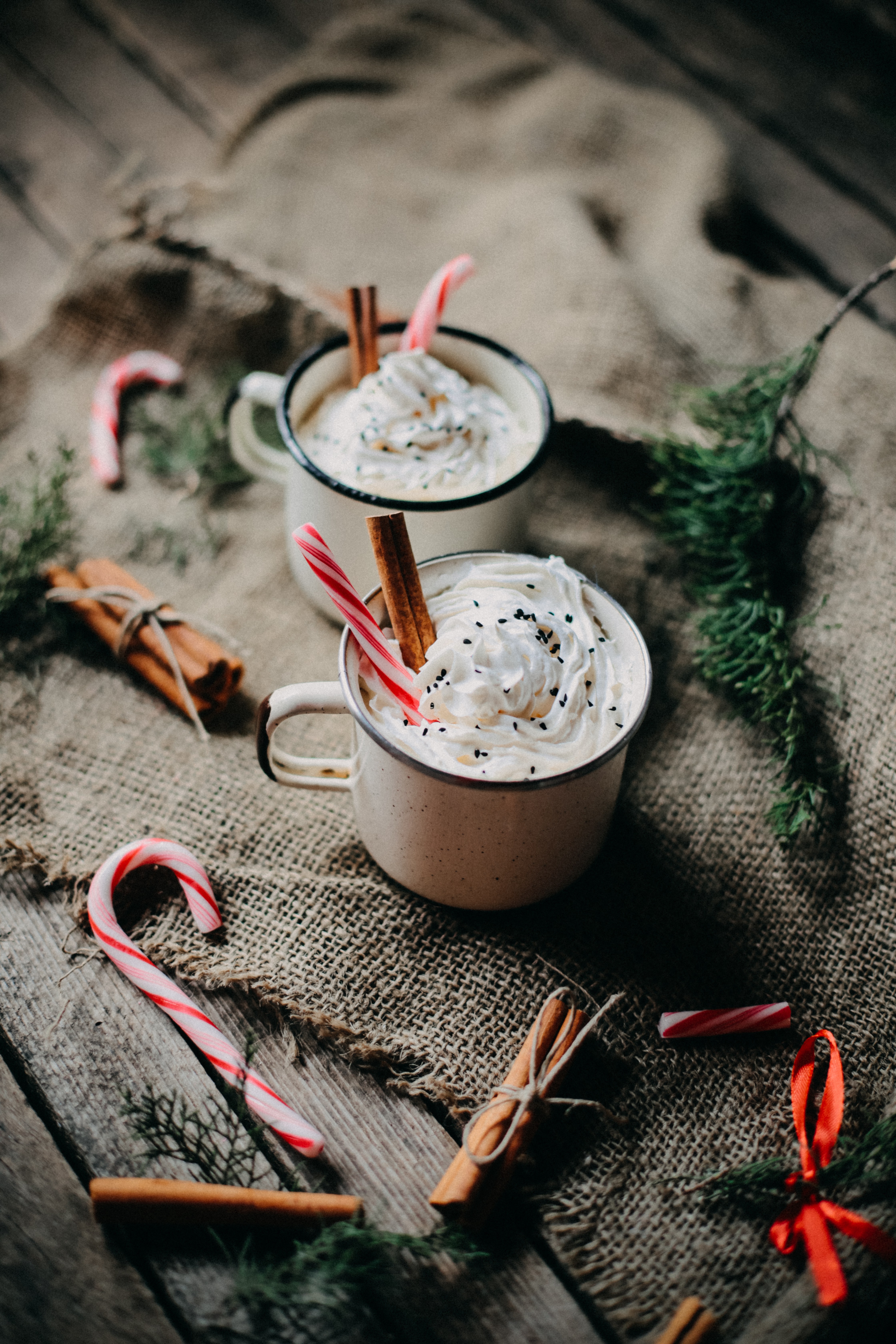Hot chocolate with cream and dried cinnamon