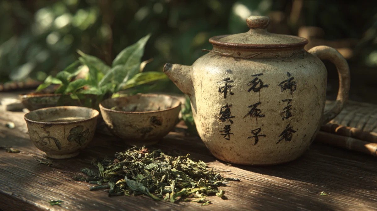 Traditional Teapot with Green Tea Leaves