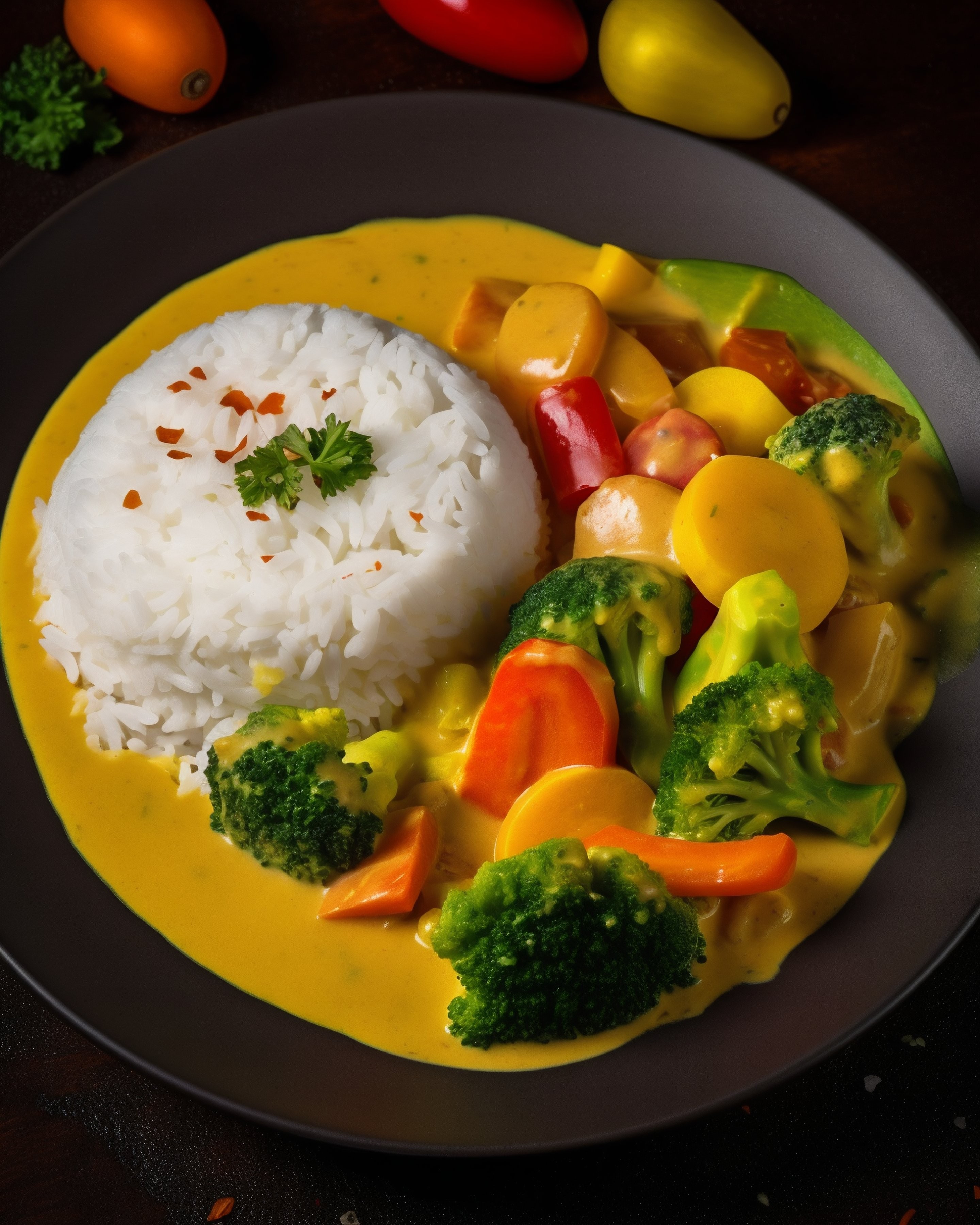 Vegan curry with rice on a plate