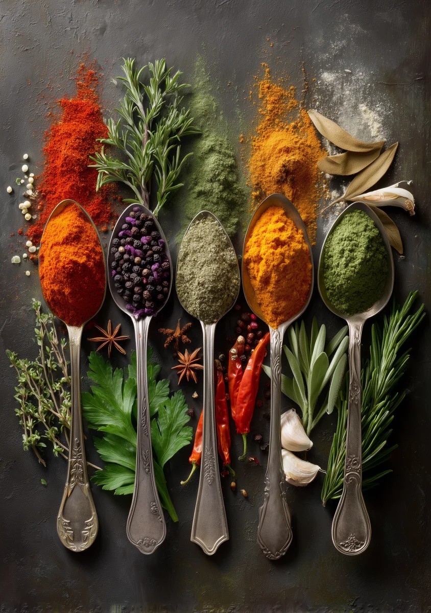 Vibrant Spices and Herbs in Antique Spoons