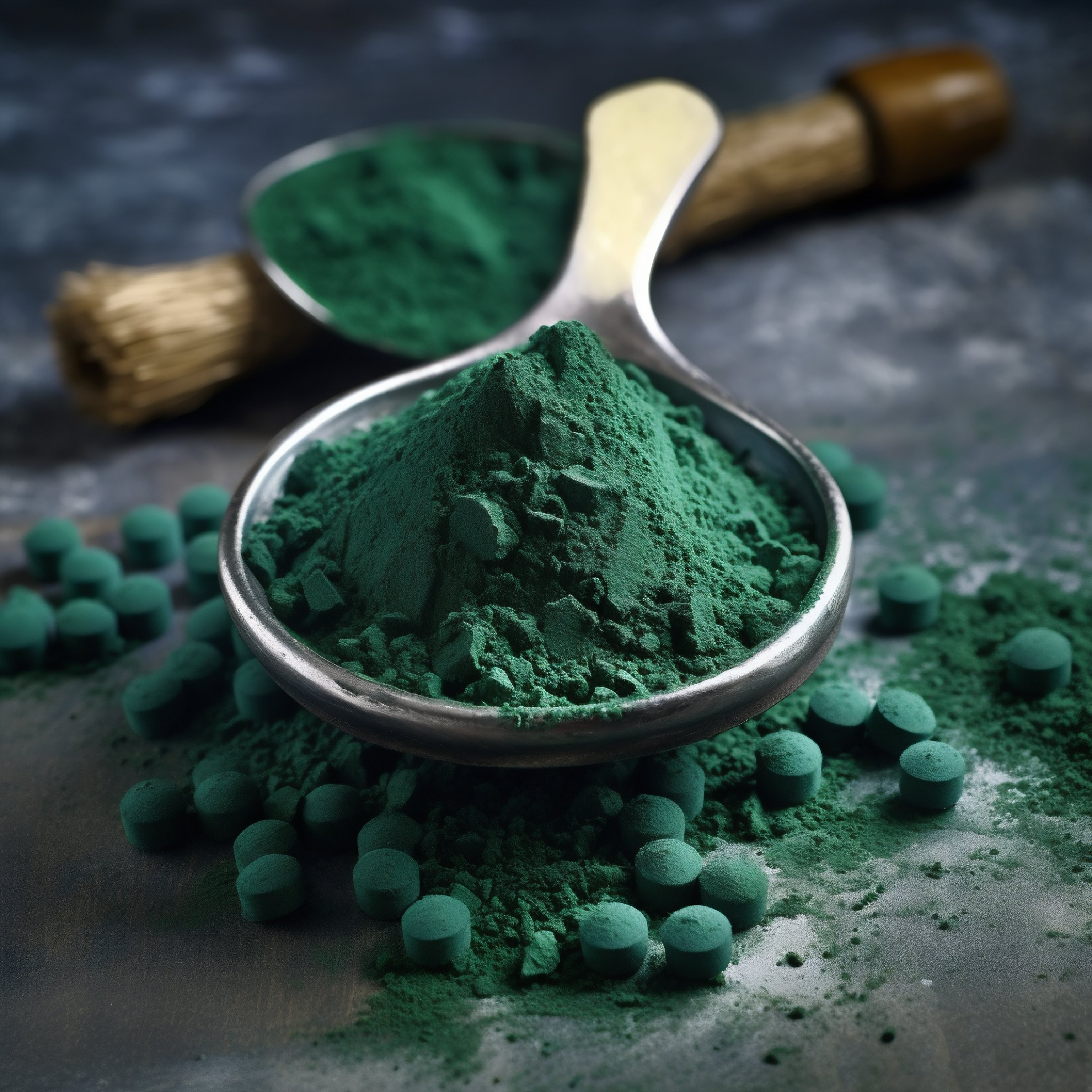 Vibrant Spirulina Powder and Tablets Close-Up