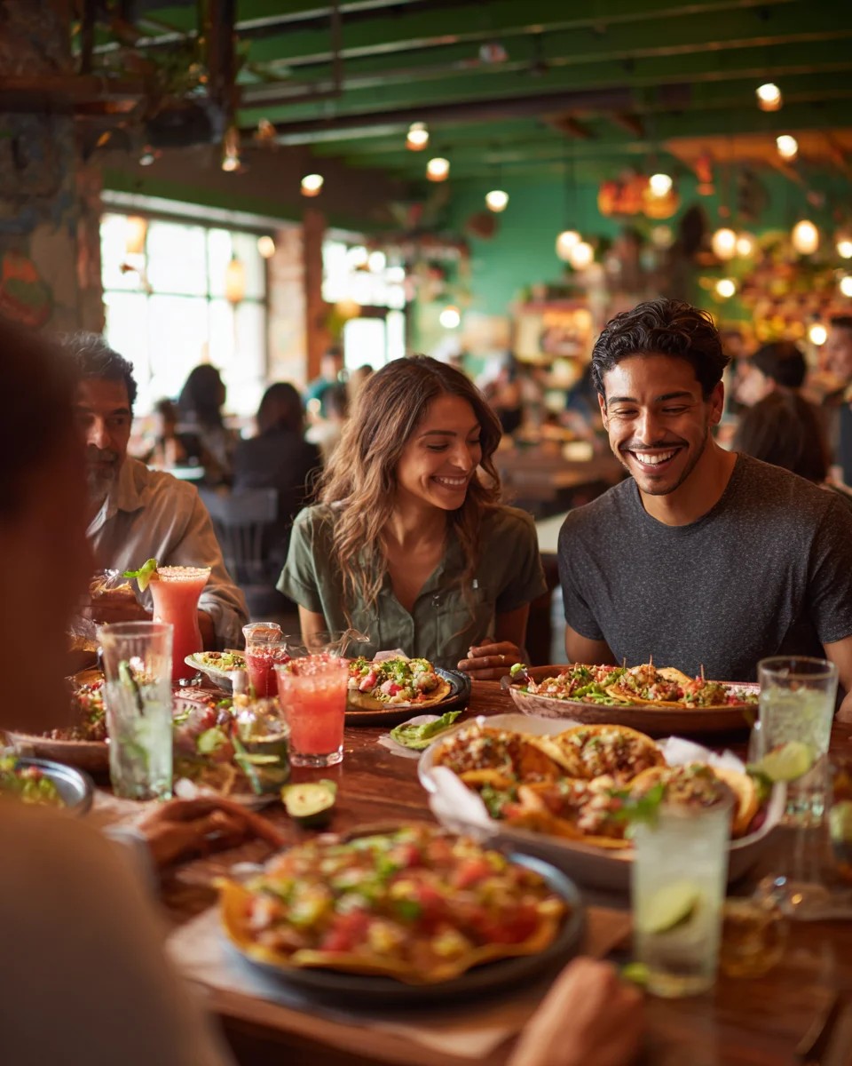 Tacos Vibrantes y Bebidas en un Restaurante Animado