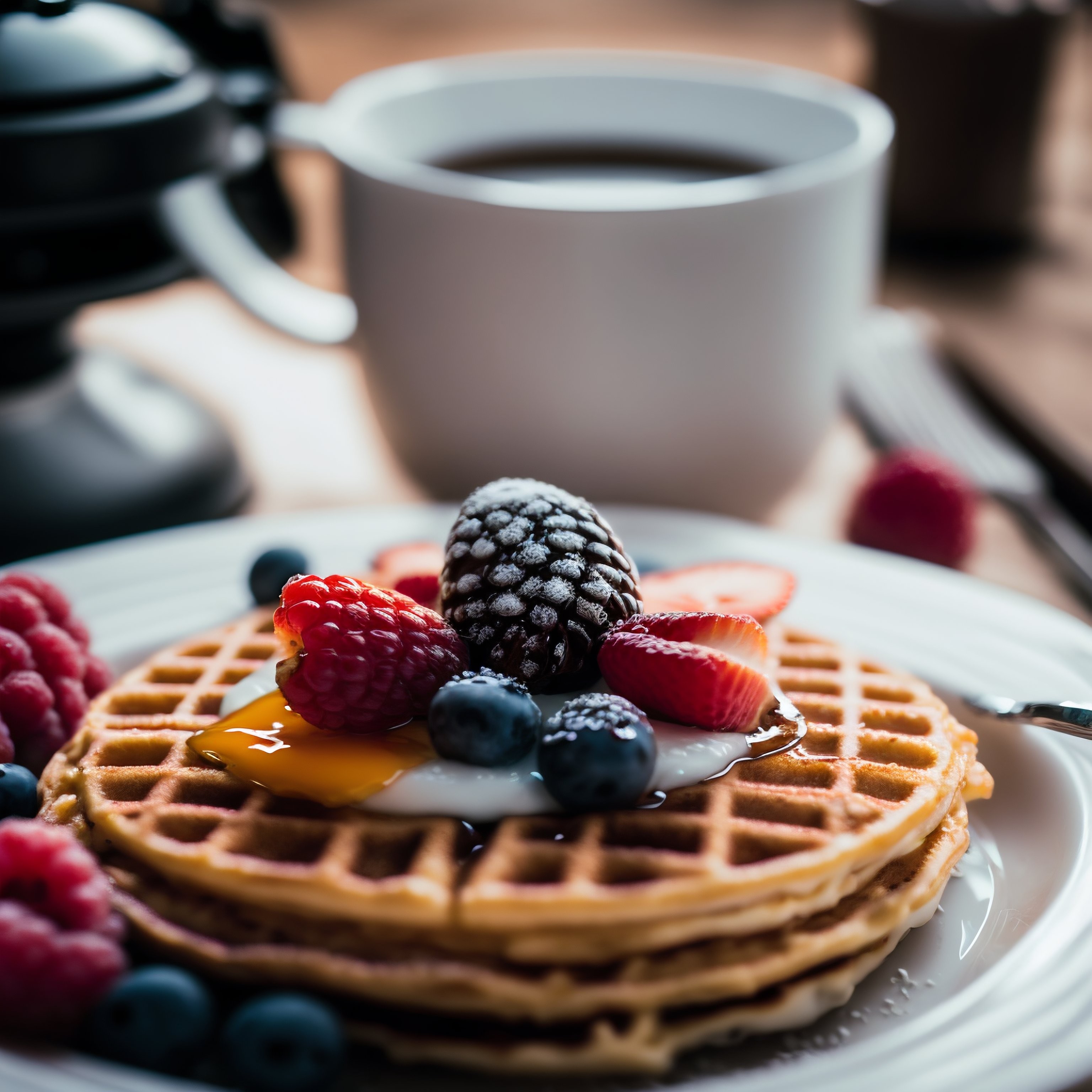 Gofres con frutas del bosque congeladas y miel