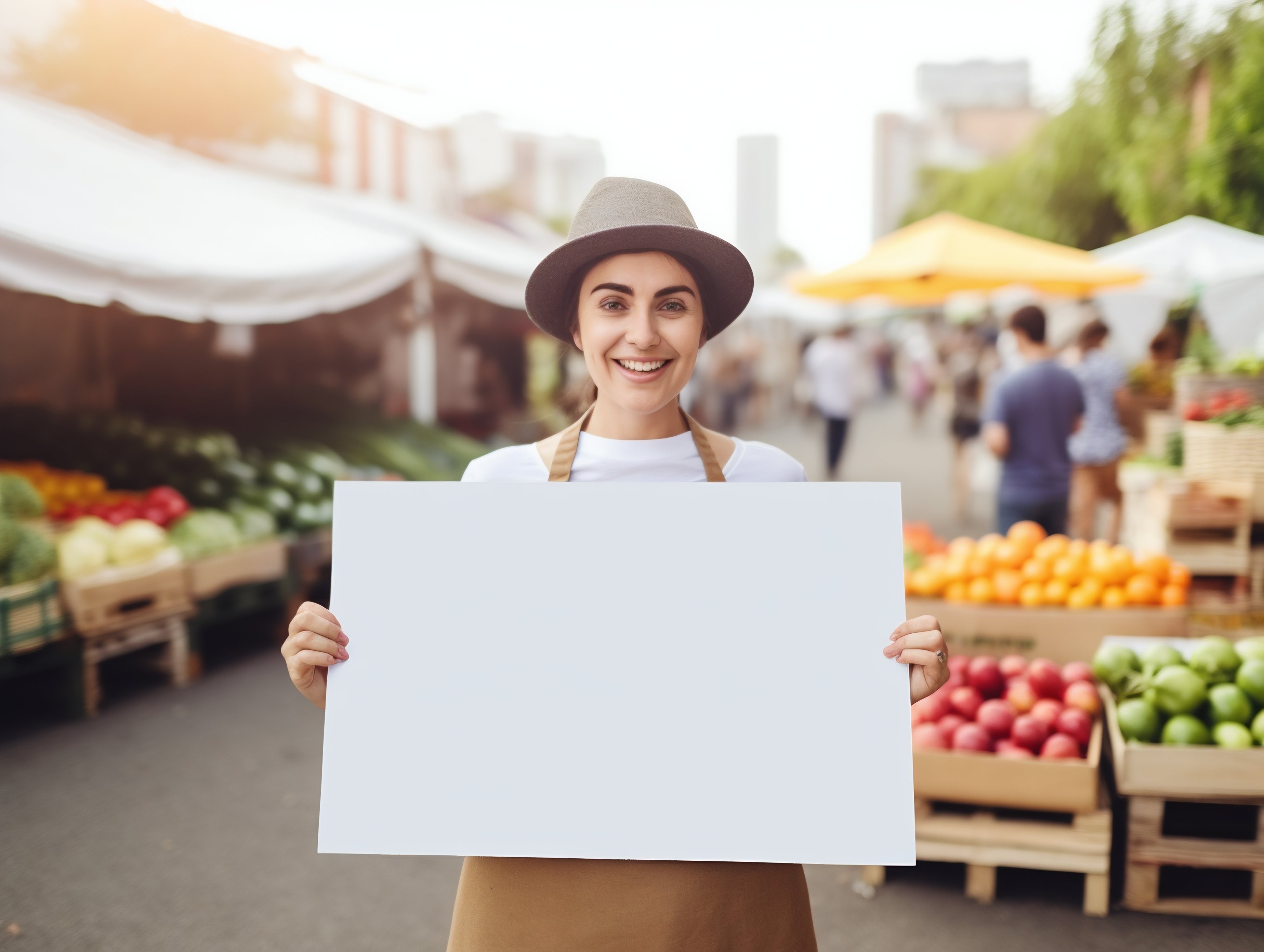 Mulher em feira livre segurando um quadro em branco