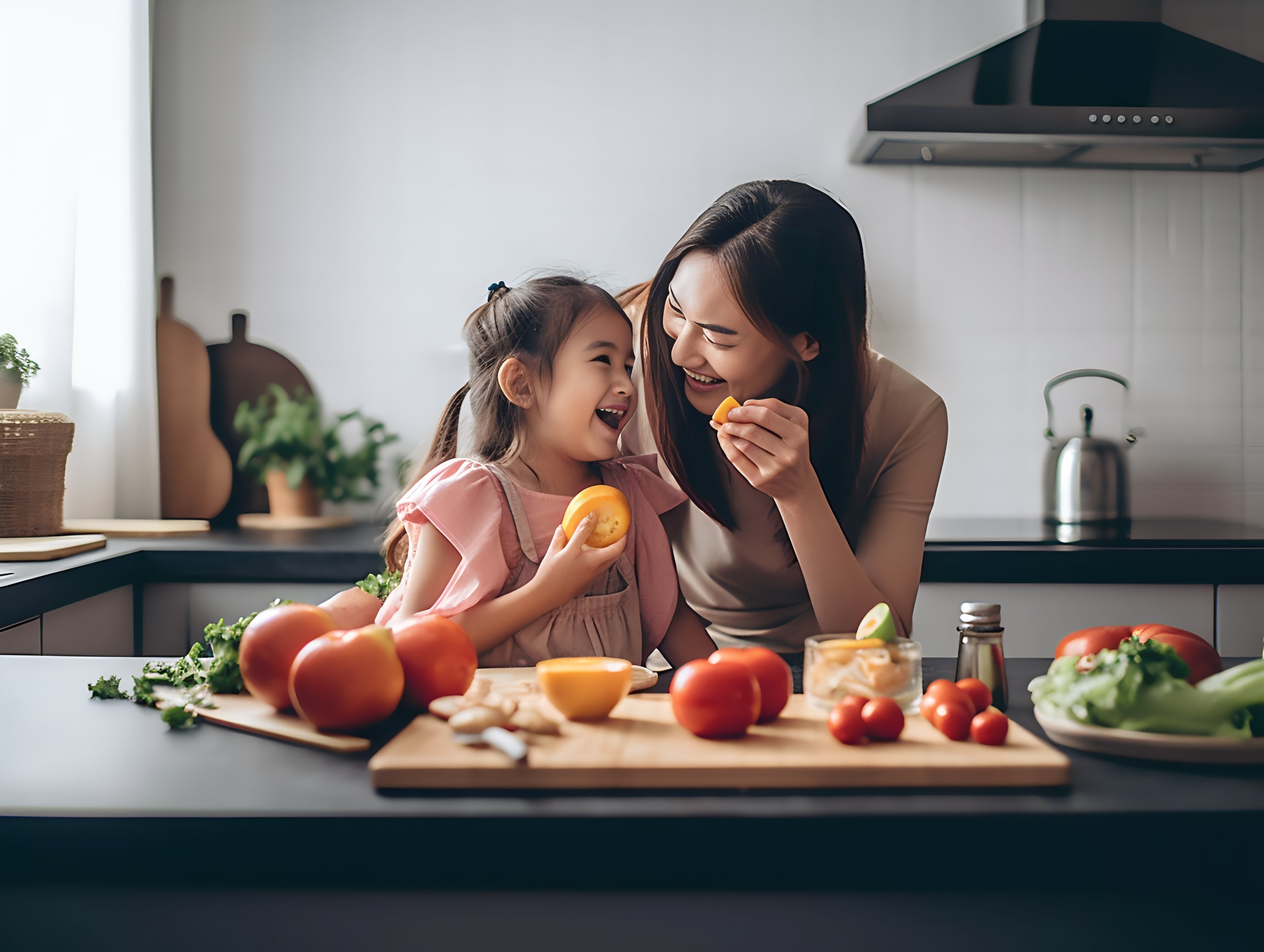 Woman playing with her daughter in the kitchen