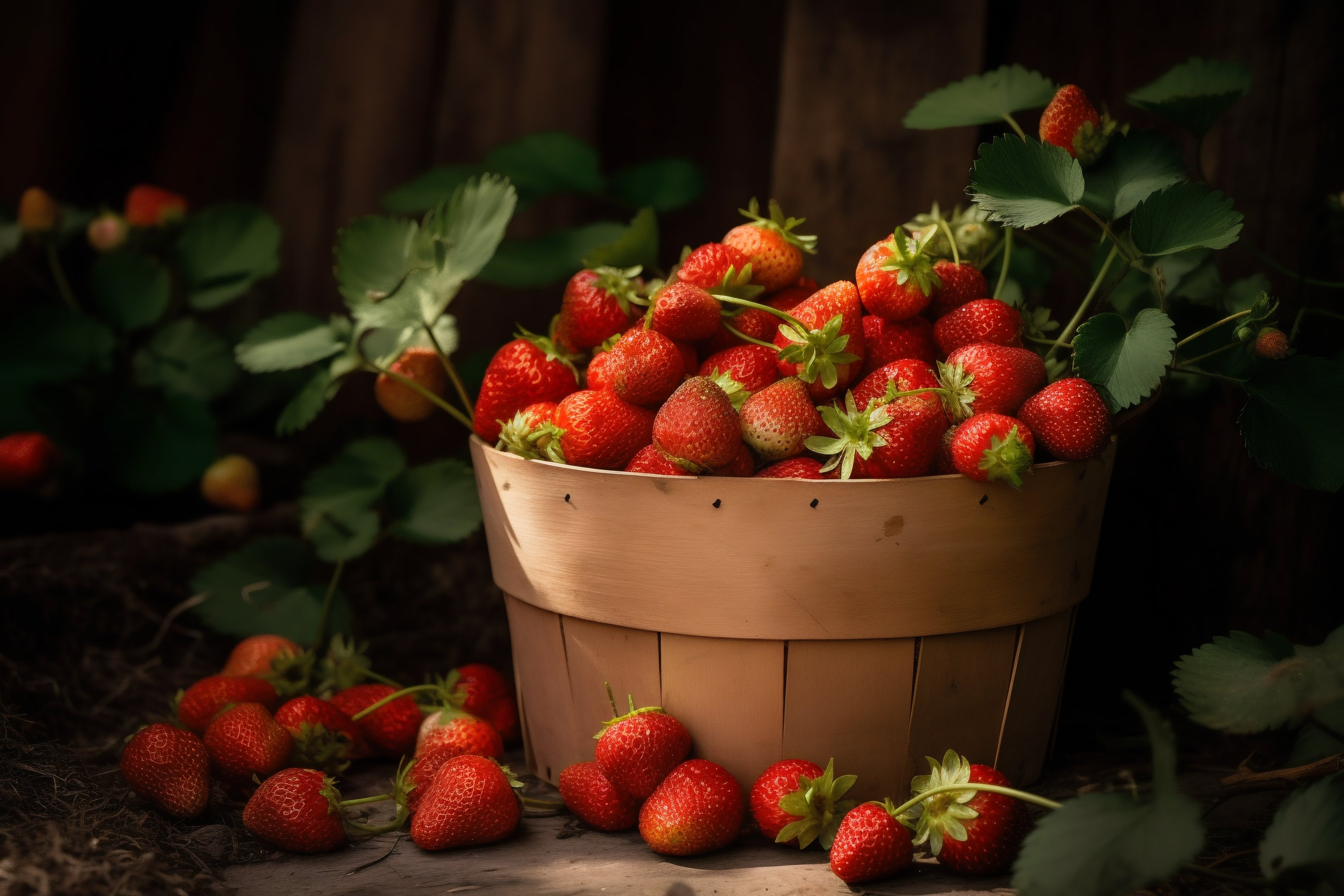 Wooden bucket of freshly picked strawberries