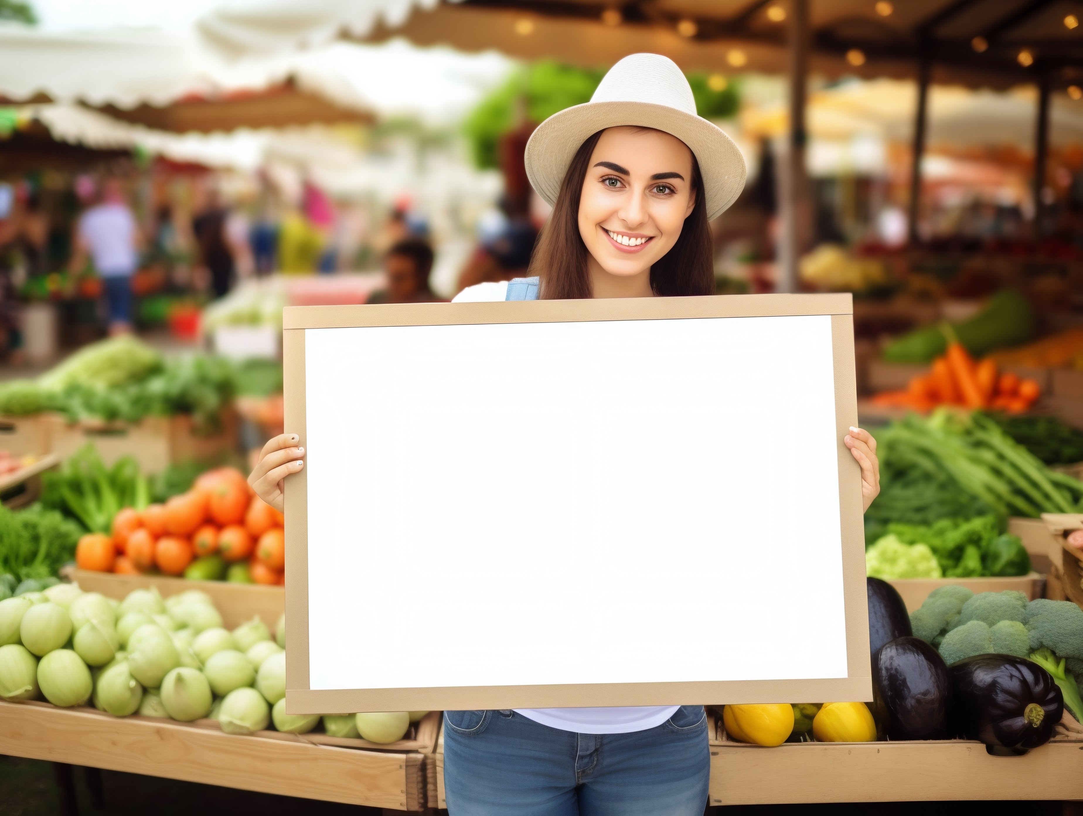 Jovem mulher vendendo no mercado de agricultores