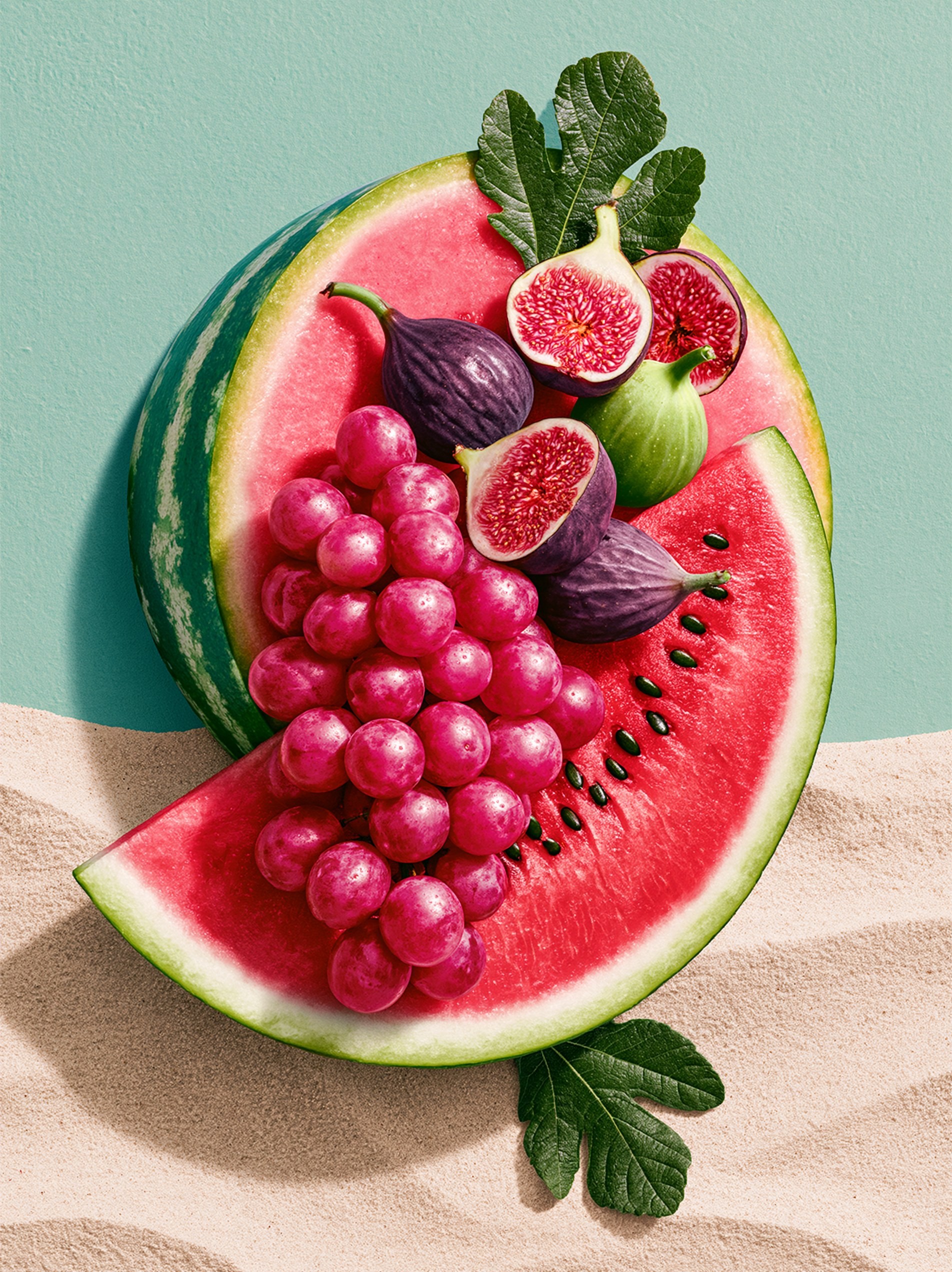 Exhibición Colorida de Frutas de Verano con Sandía y Higos