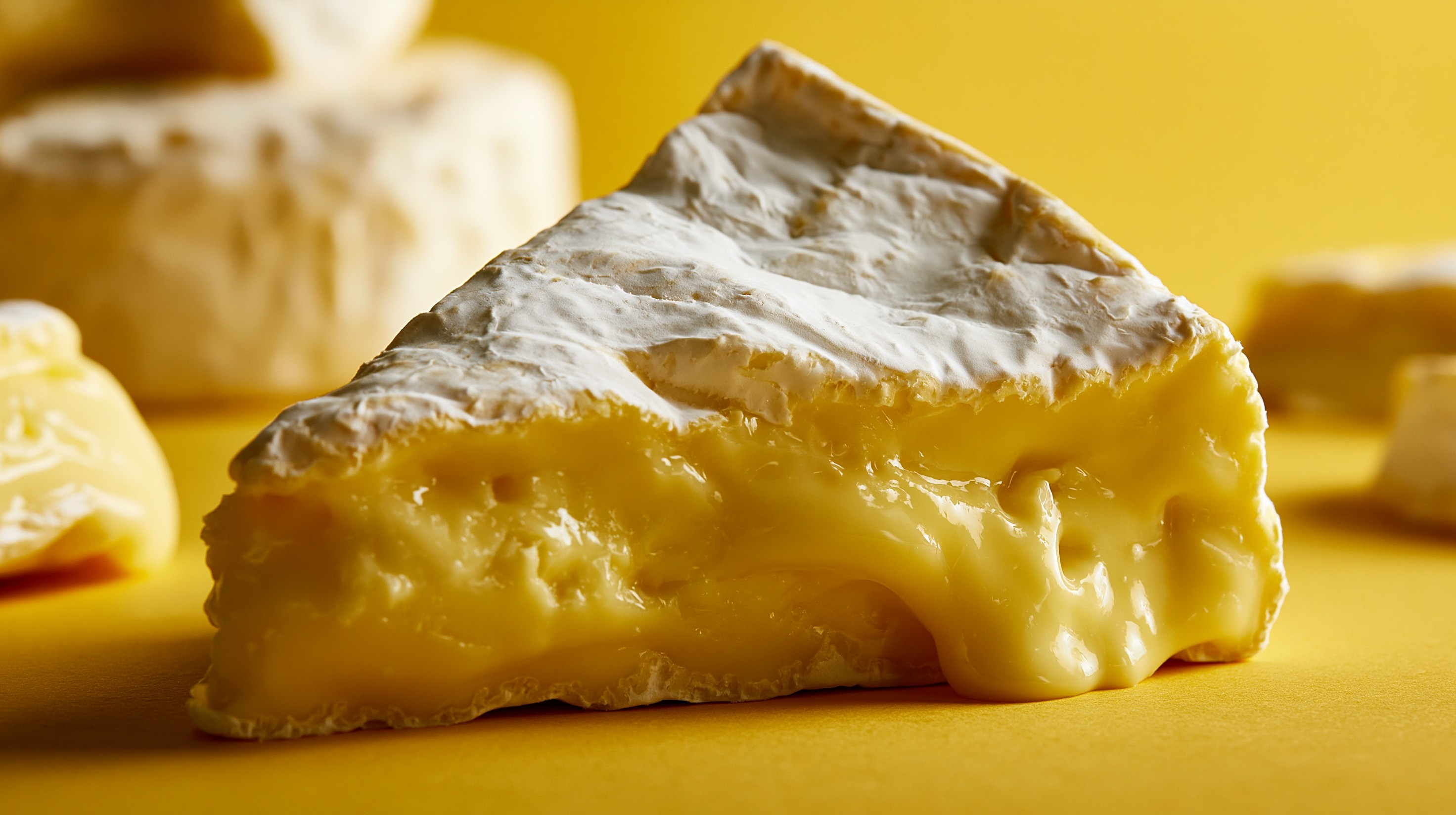 Creamy Brie Cheese Slice on Yellow Background